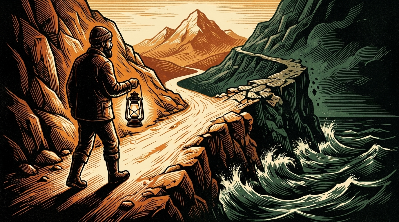 A lone miner with a lantern at a forking mountain trail, one path bright, the other crumbling to the sea, three-color linocut