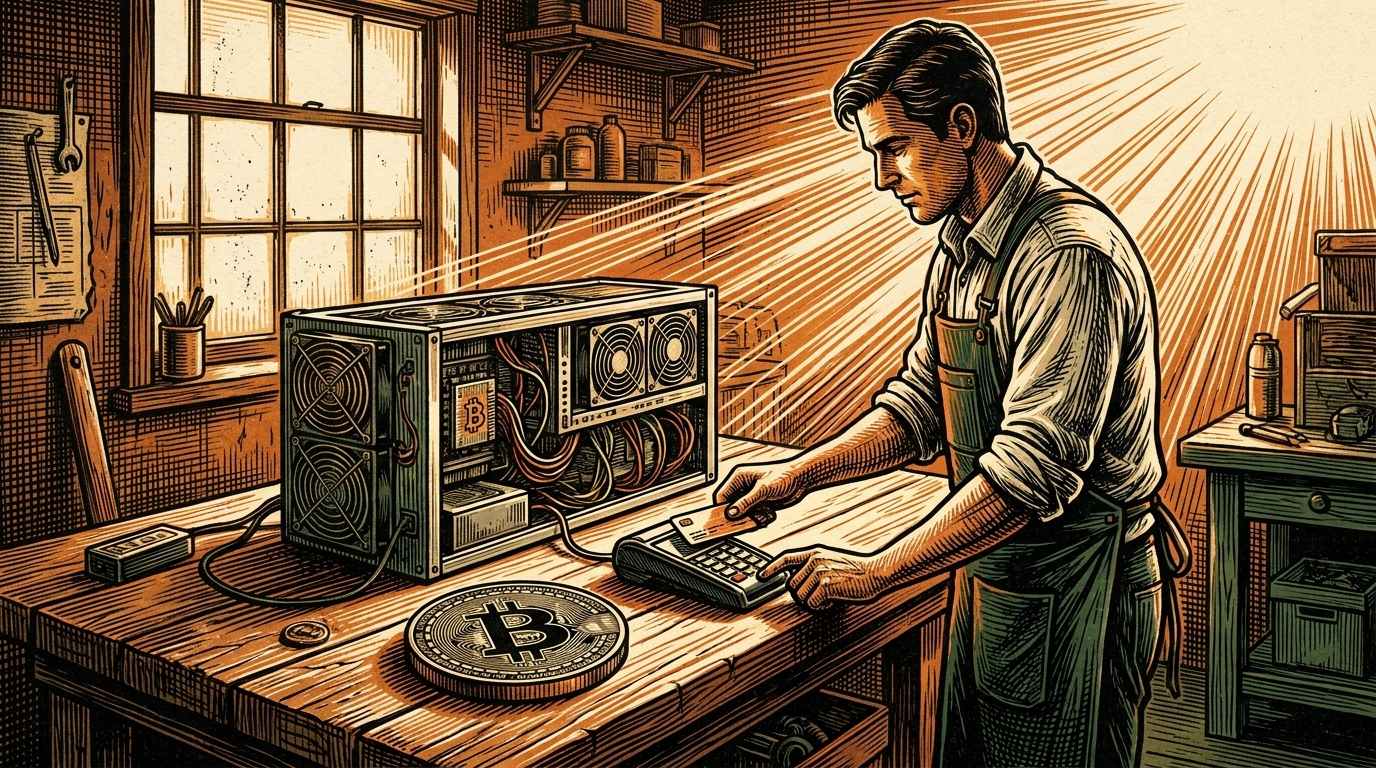 A bitcoin mining workshop where a technician taps a payment card beside a mining rig and a bitcoin coin, three-color linocut
