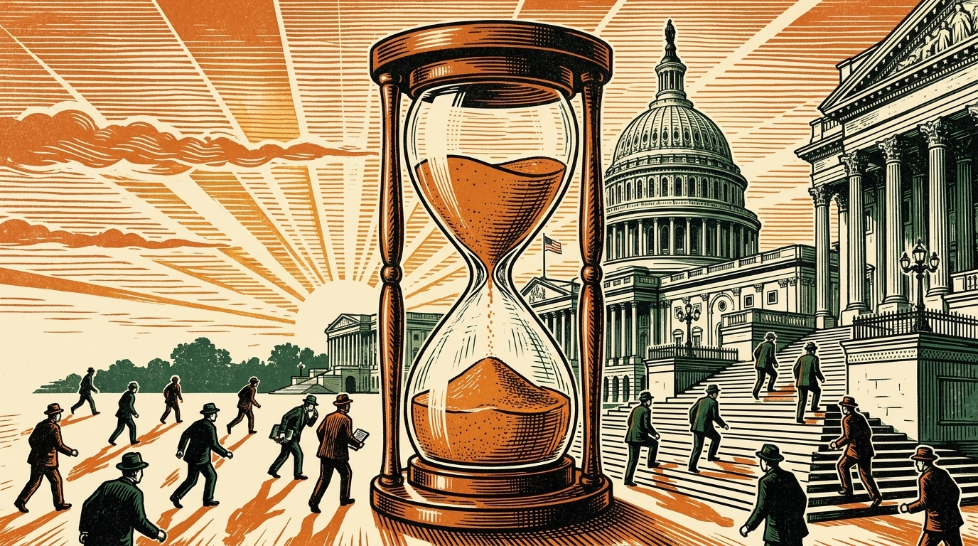 The U.S. Capitol at dusk with a giant hourglass and hurried lawmakers on the steps, three-color linocut