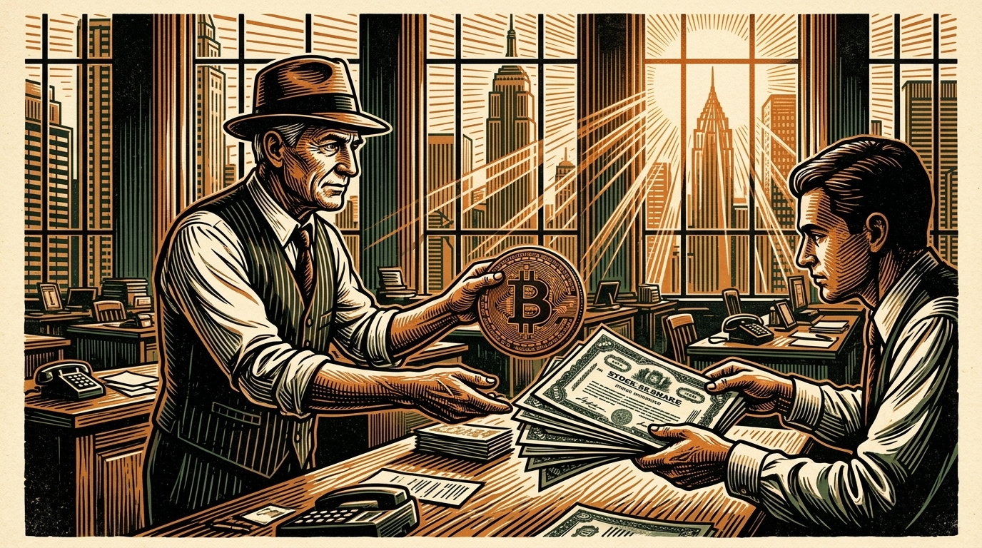 A Wall Street trading desk where a broker swaps a large bitcoin coin for share certificates, three-color linocut