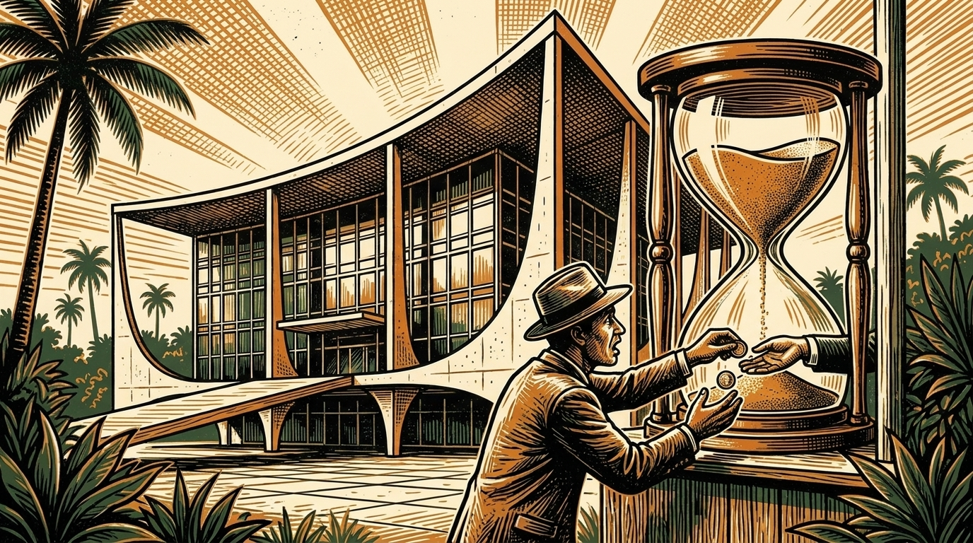 A modernist central-bank building in Brasilia with a giant hourglass beside a citizen at a teller window, three-color linocut