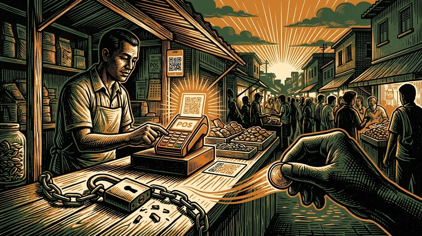 A merchant's market stall at dusk with a glowing payment terminal and a broken padlock, three-color linocut