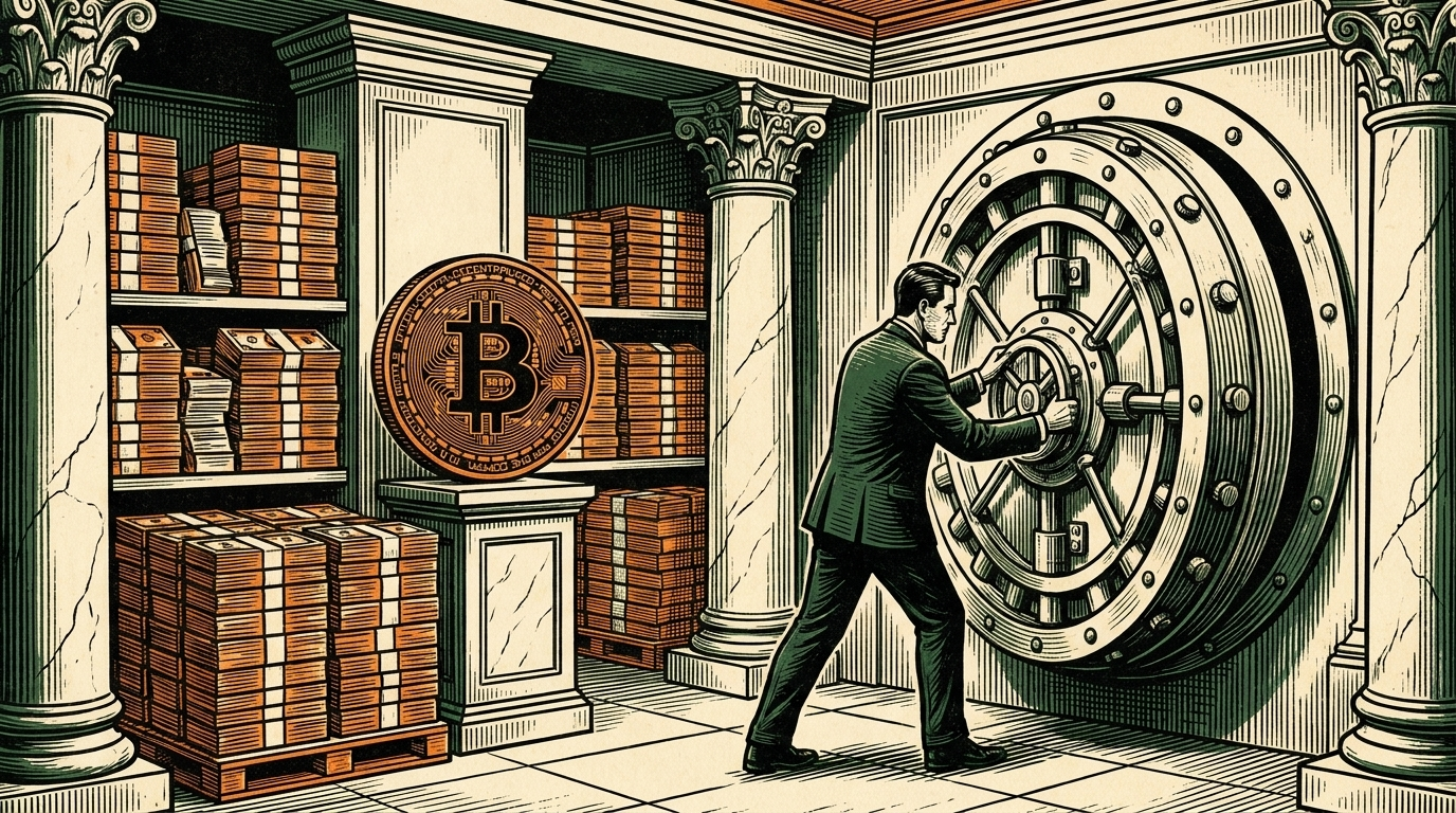 A corporate vault with stacks of banknotes beside a single bitcoin coin as an executive shuts the door, three-color linocut