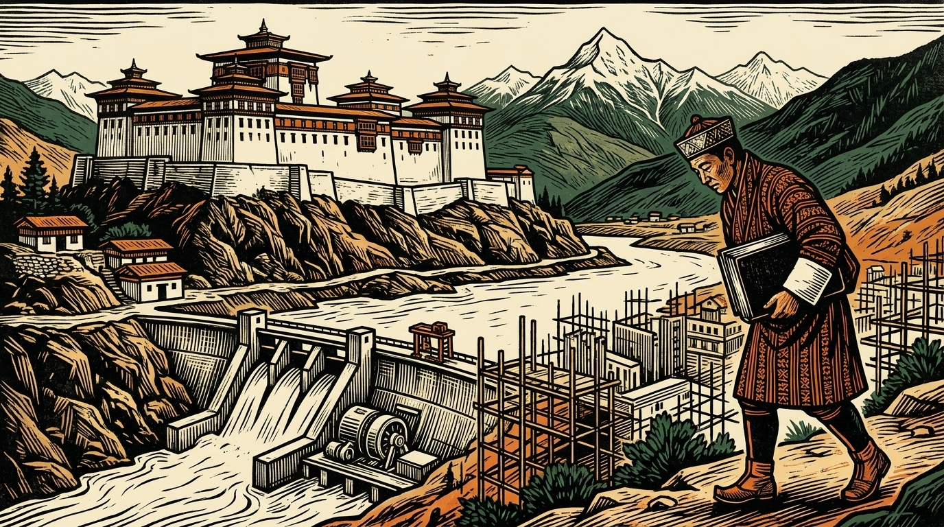A Himalayan dzong above a river valley where a new city and a hydro turbine rise, three-color linocut
