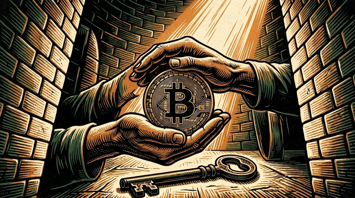 Hands cupping and guarding a single bitcoin coin behind rising brick walls with a large iron key, three-color linocut