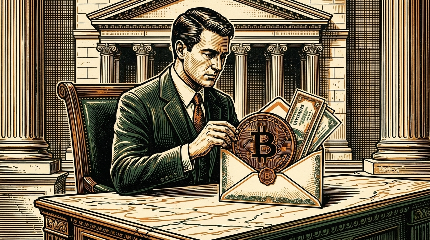 A Wall Street banker seals a bitcoin coin inside an envelope of dividend coupons, three-color linocut