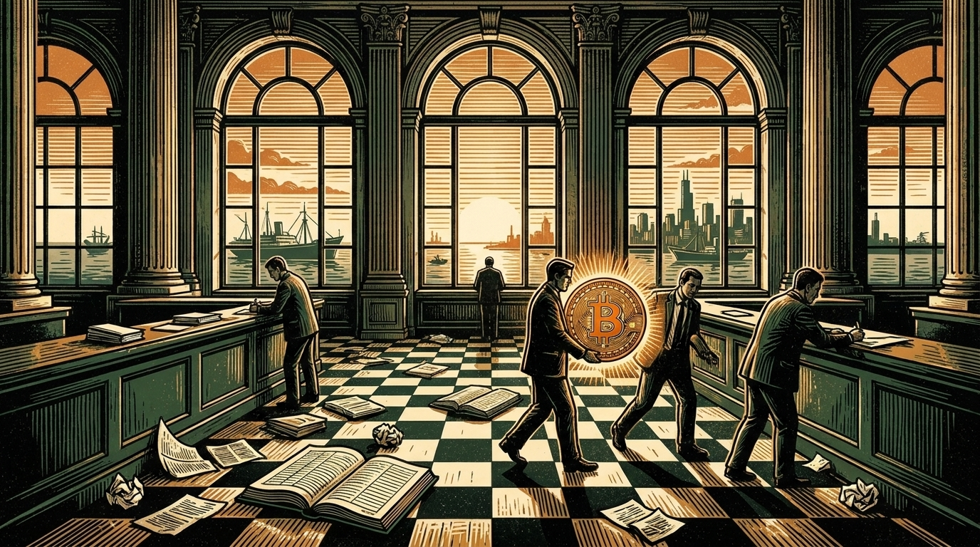 A grand Chicago exchange floor empties as traders carry a bitcoin coin toward a distant harbor skyline, three-color linocut