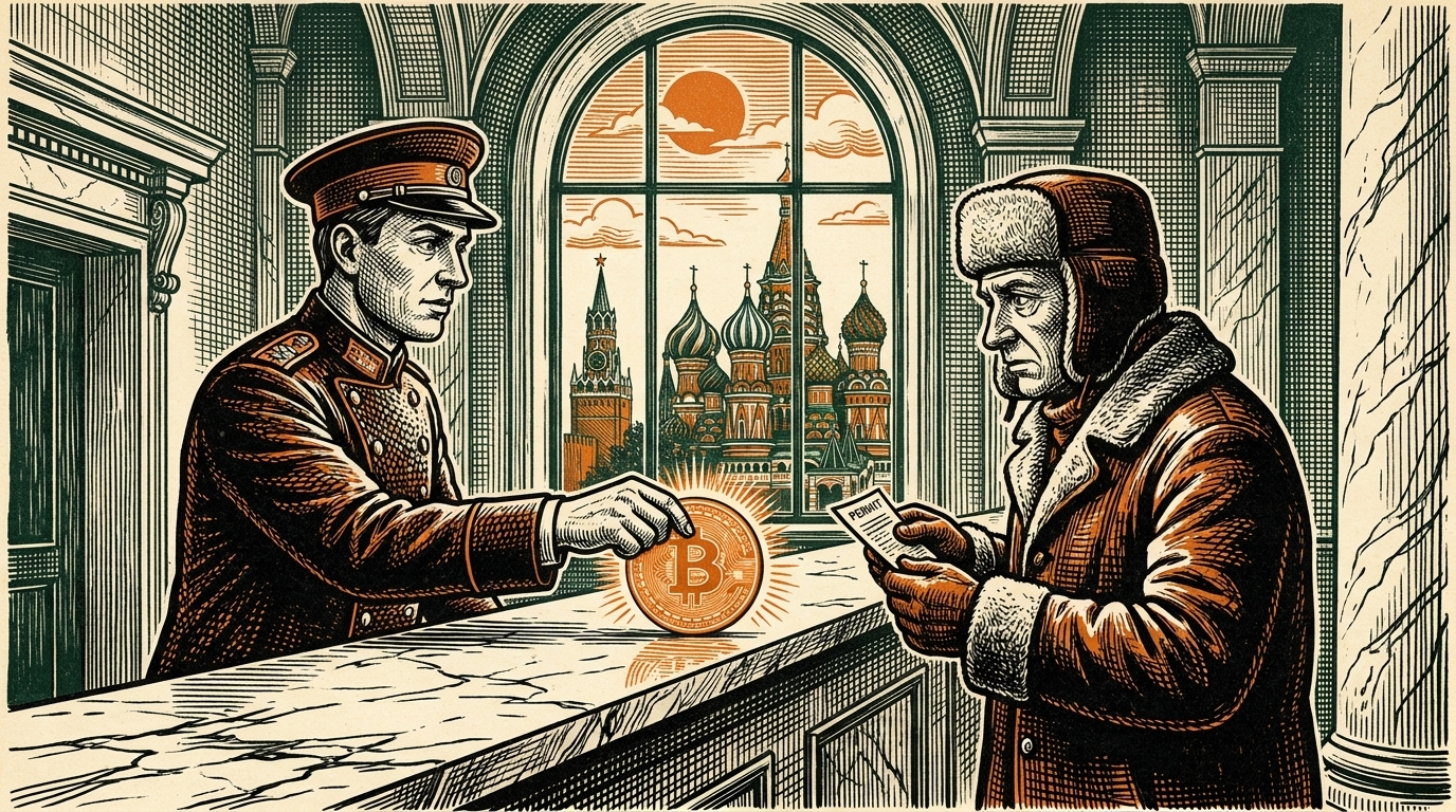 A Moscow state-bank clerk hands a bitcoin coin across a counter beneath Kremlin domes, three-color linocut