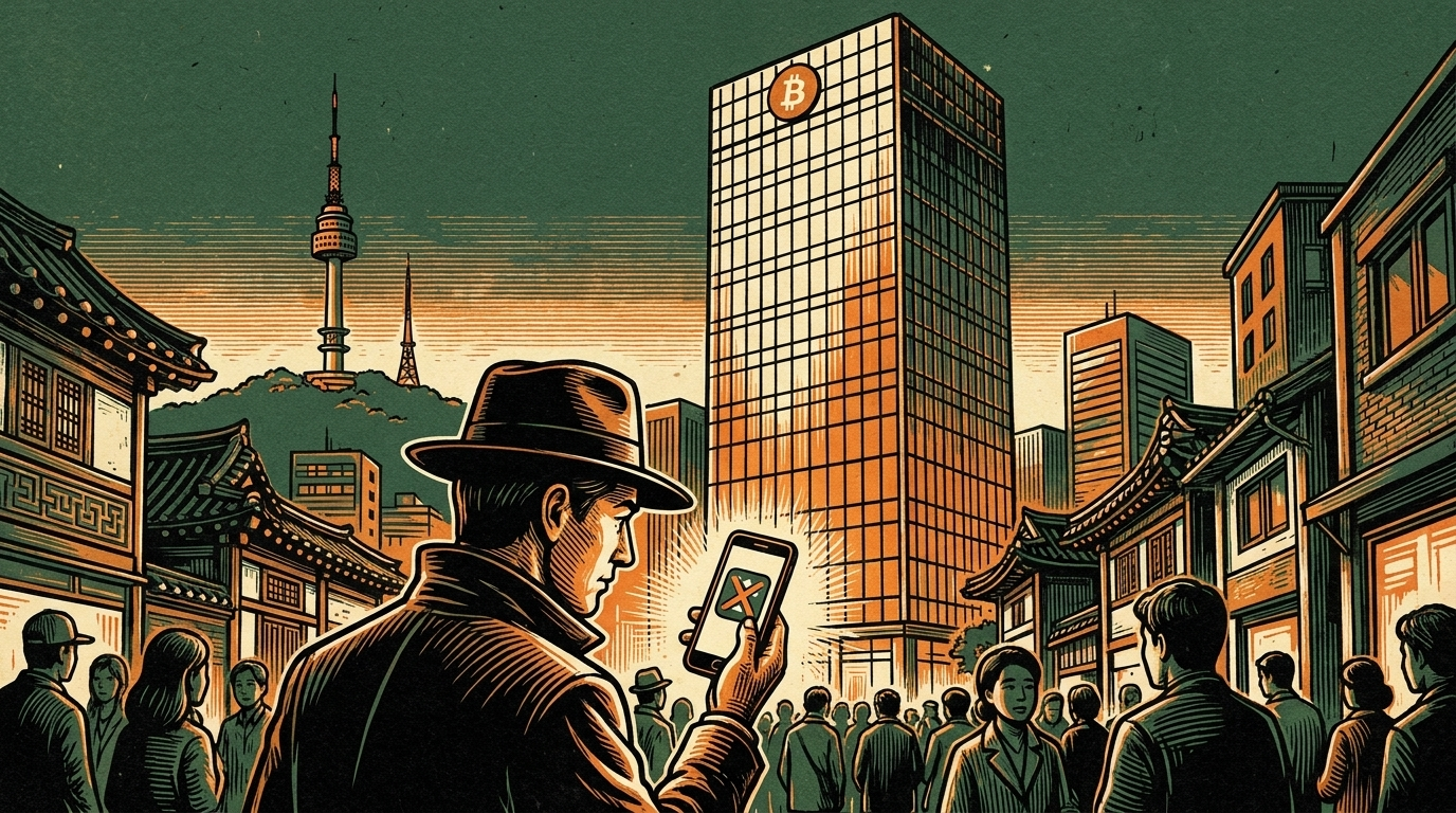 A Seoul street beneath a mega-bank tower marked with a bitcoin emblem, a commuter holding a phone with a blocked app, three-color linocut