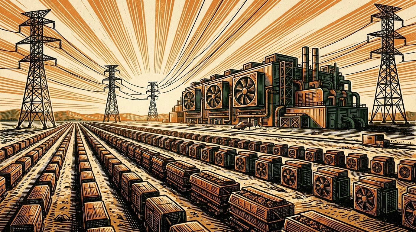 A Texas plain where rows of bitcoin miners give way to an AI data hall under giant power lines, three-color linocut