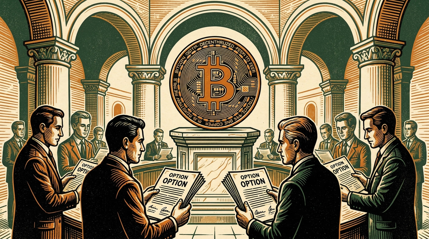 A calm bitcoin coin on a pedestal while brokers trade paper option contracts around it, three-color linocut