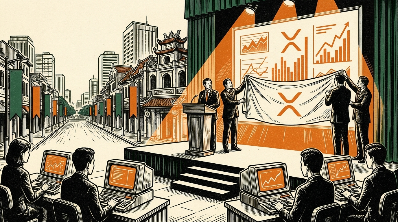 Vietnamese officials at a podium unveiling a licensed digital-asset exchange in Hanoi, three-color linocut