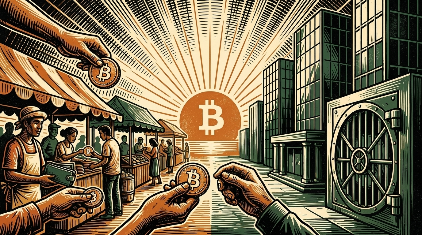 A split scene: a grassroots street market trading bitcoin on one side, cold institutional towers on the other, a bitcoin sun between, three-color linocut