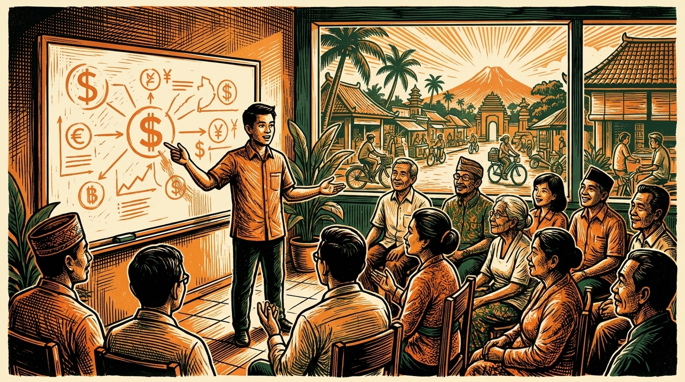 A packed free bitcoin community meetup in an Indonesian city cafe, a teacher at a whiteboard, three-color linocut