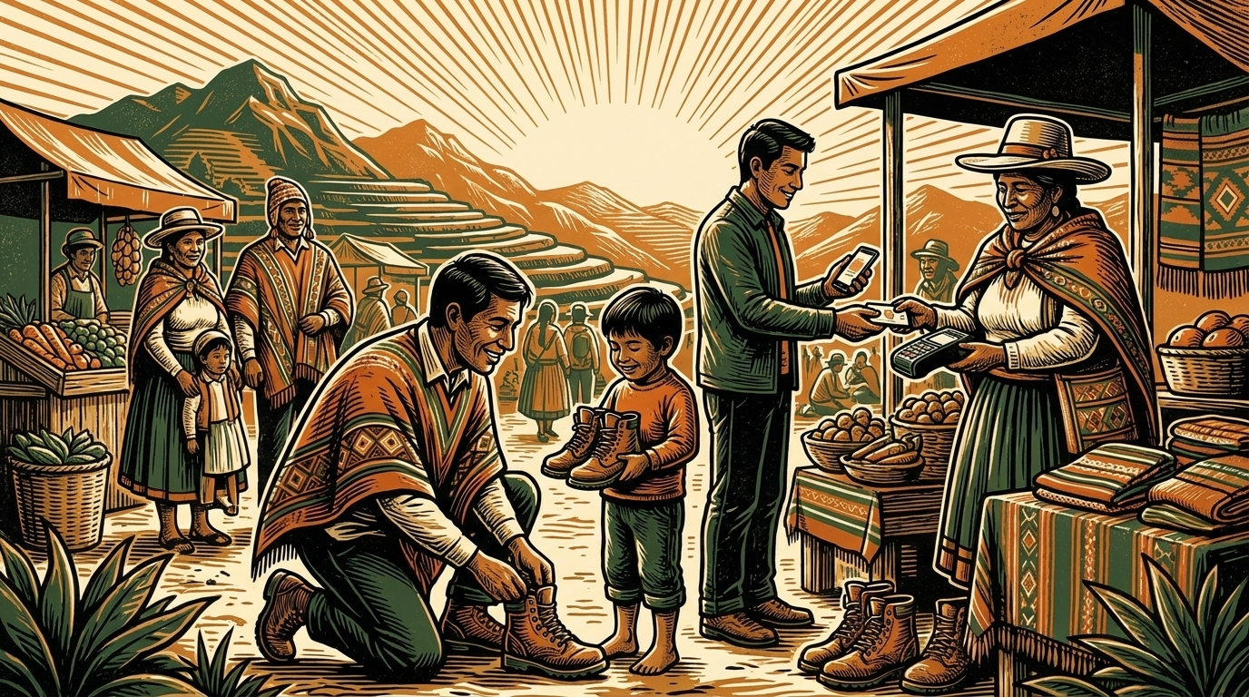 A highland-market volunteer fits new shoes on a child while a stallholder takes a phone payment, three-color linocut