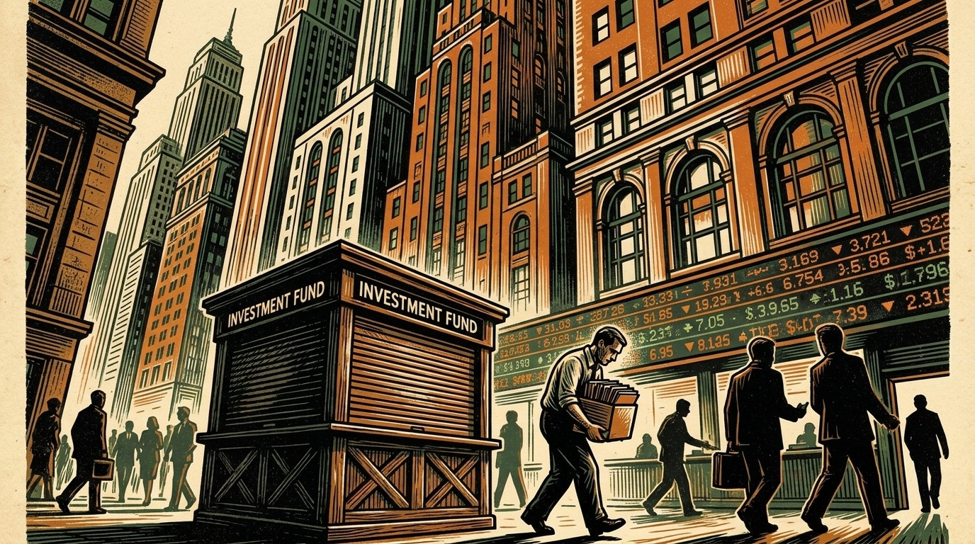 A small shuttered fund booth on a Wall Street trading floor as towering institutions loom, three-color linocut