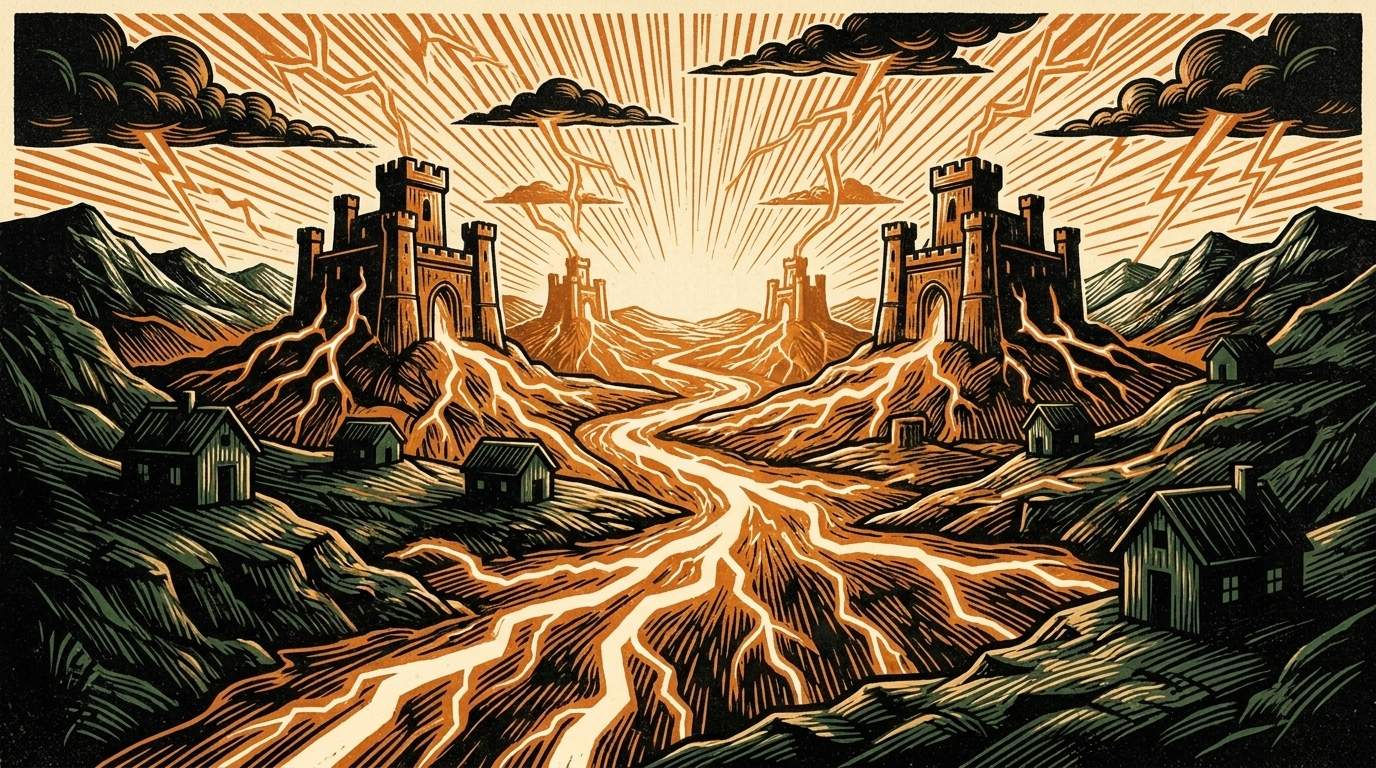 A Lightning payment network as glowing channels flowing into a few huge hubs while small nodes go dark, three-color linocut