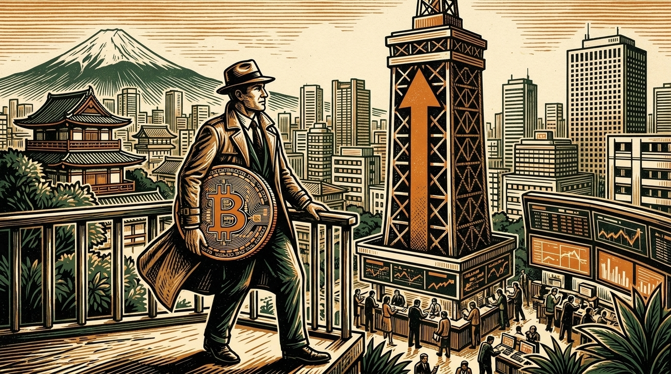 A Tokyo executive carrying an oversized bitcoin coin toward a stock-exchange tower, three-color linocut
