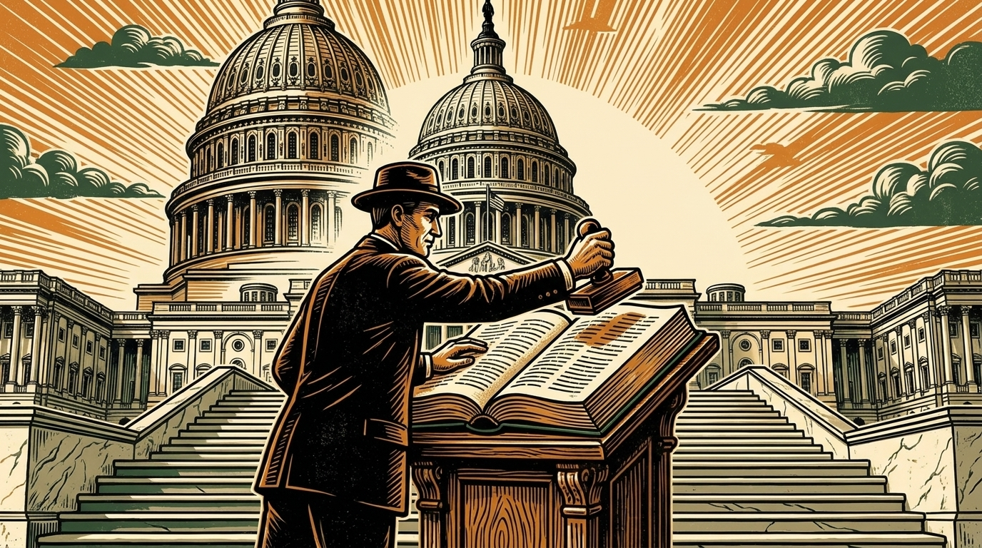 A clerk stamping a thick rulebook on the marble steps of a government building with a quiet capitol dome behind, three-color linocut