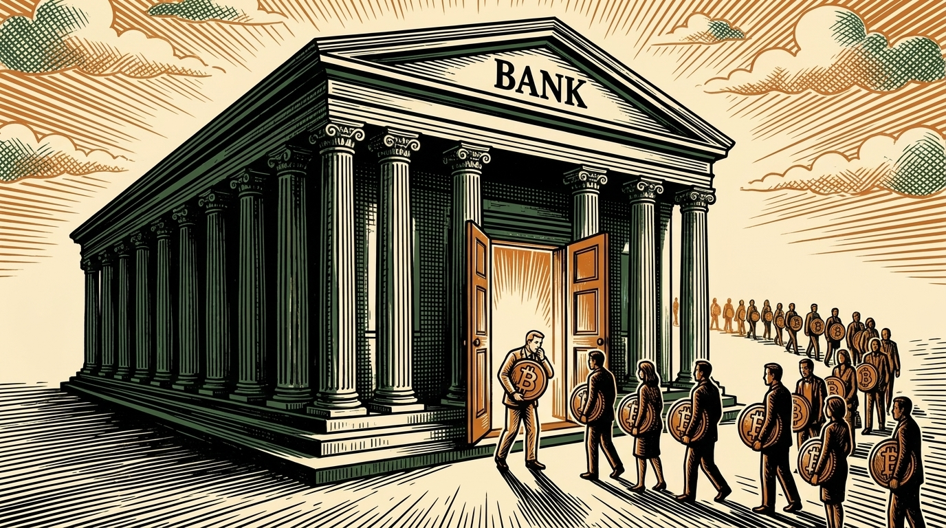 A columned bank beckoning as people carry their bitcoin coins inside, one figure hesitating at the threshold, three-color linocut