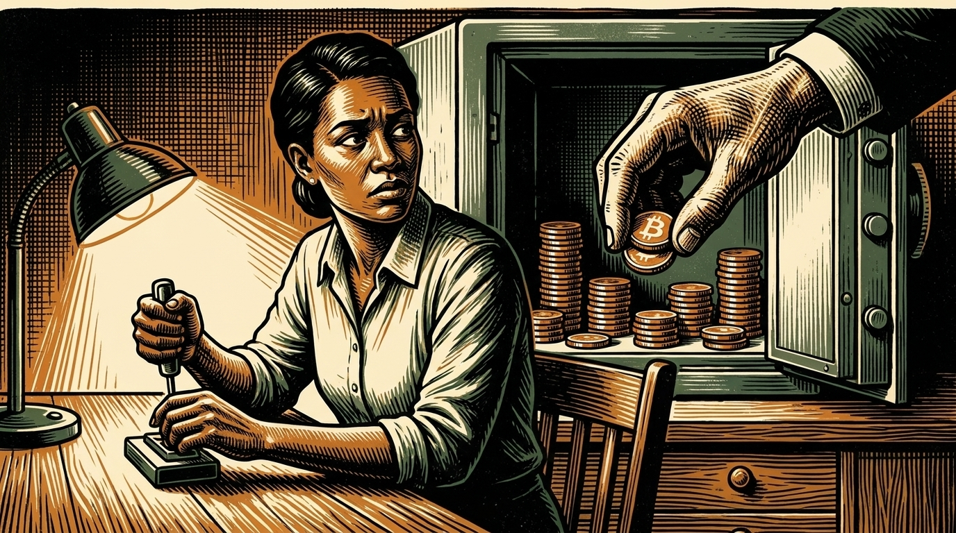 A person at a desk clutching a hardware wallet as a shadowed hand lifts coins from a safe, three-color linocut