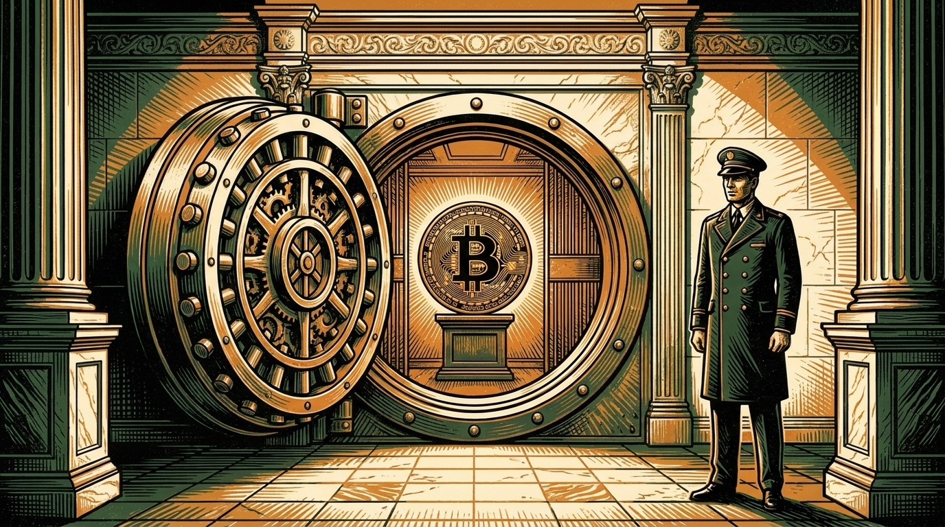 A bank vault door opening to reveal a single bitcoin coin on a pedestal guarded by a custodian, three-color linocut