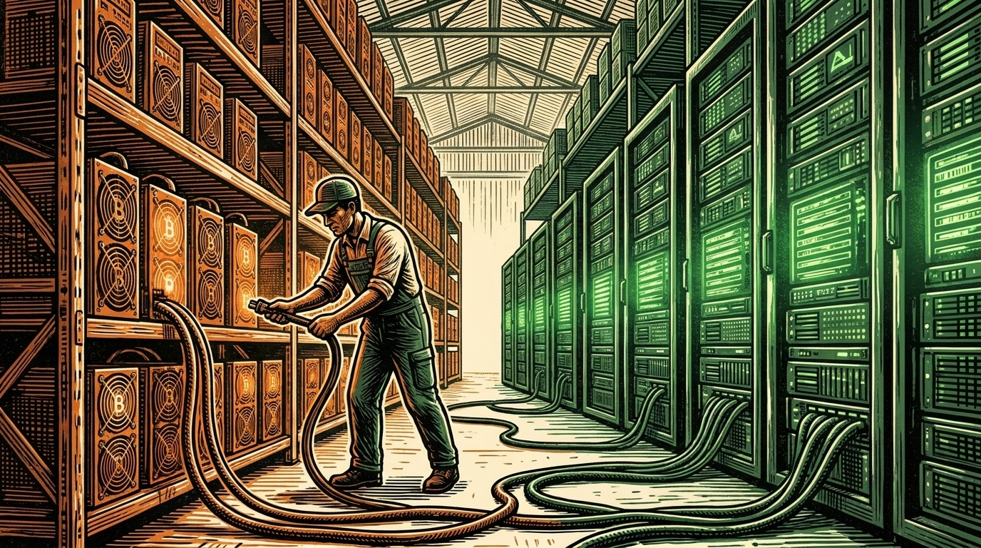 A worker unplugging bitcoin mining rigs as AI server racks glow in a vast warehouse, three-color linocut