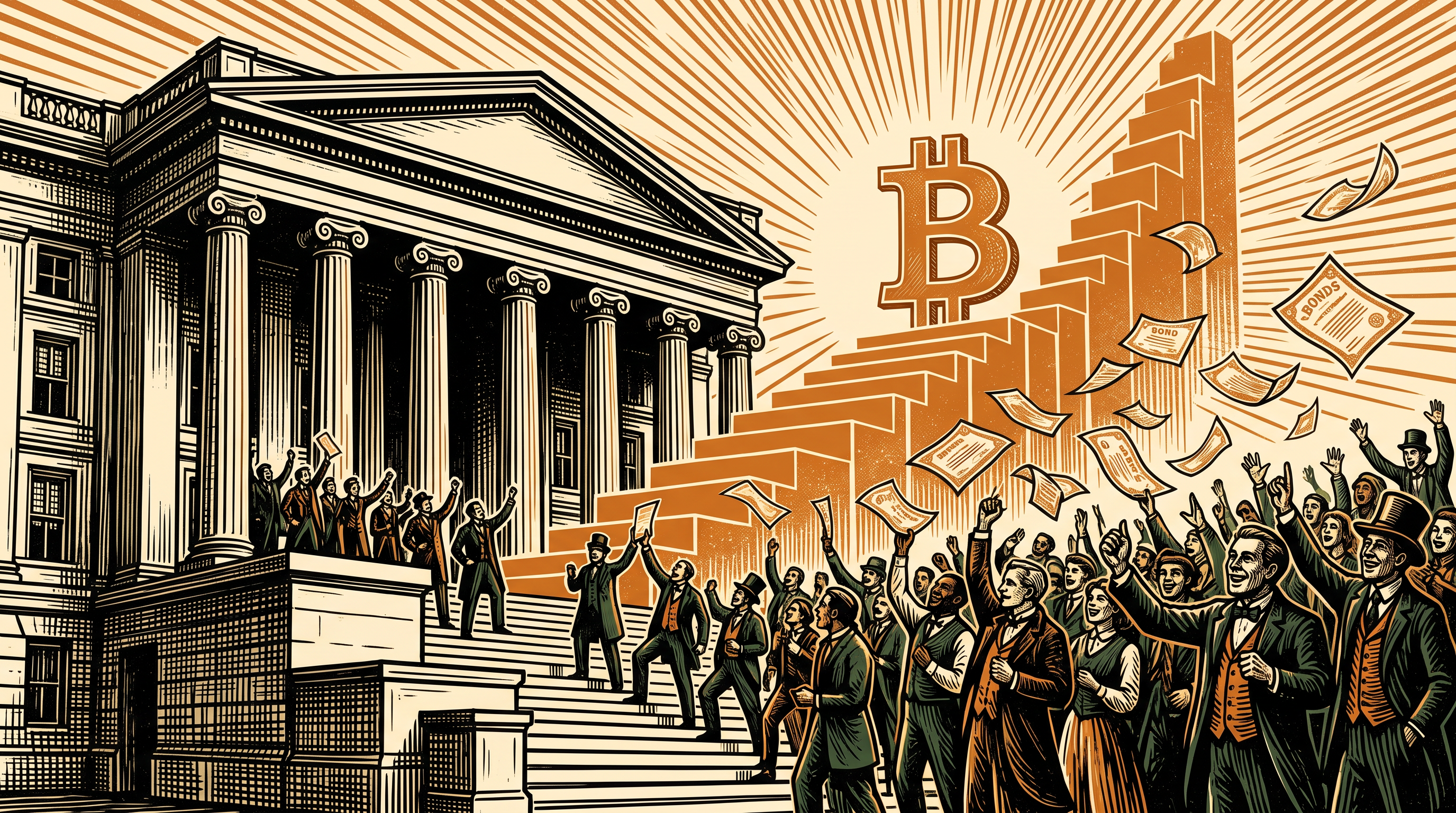 Crowd on the steps of the U.S. Treasury beneath a rising sunburst, three-color linocut