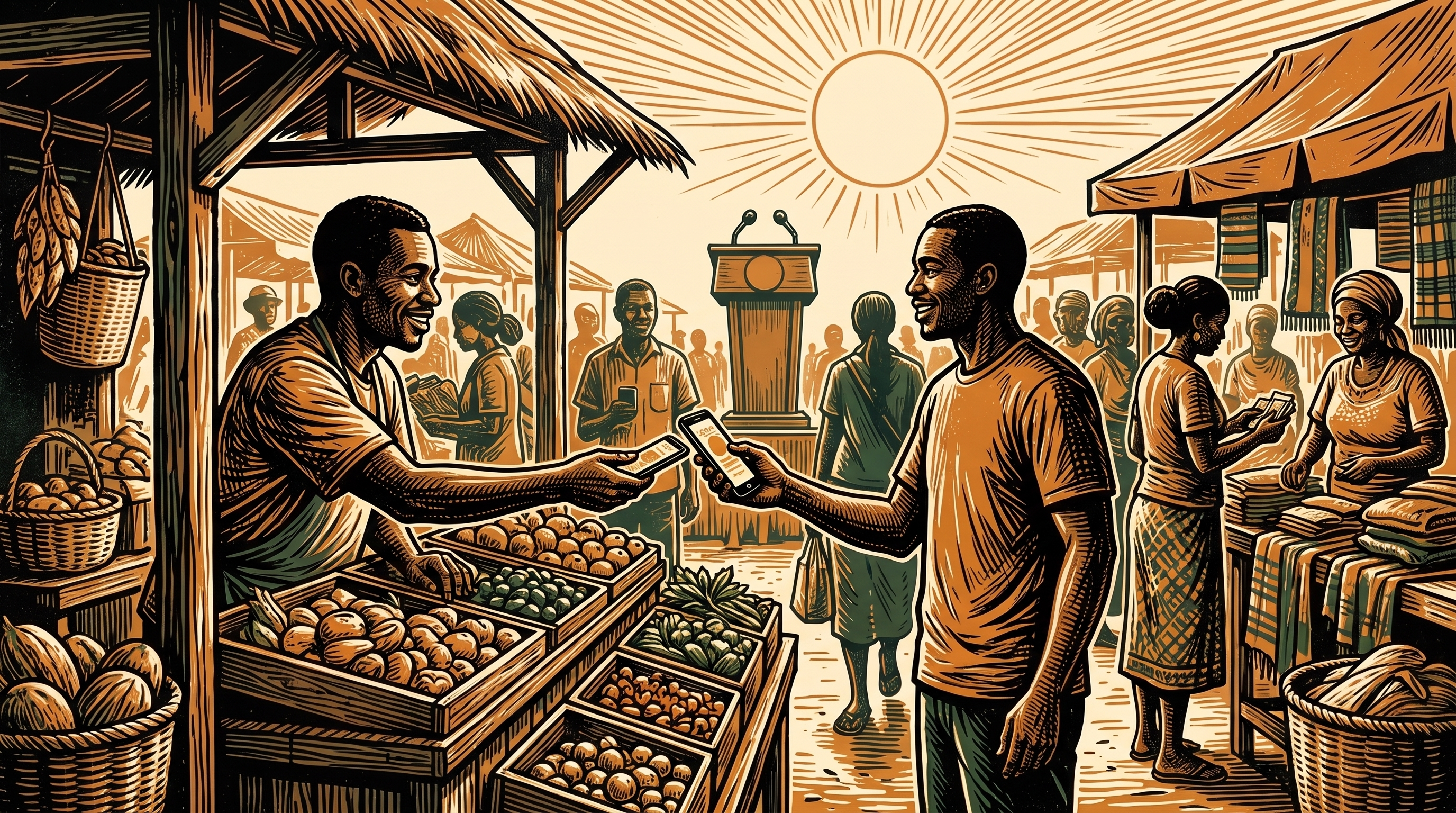 A vendor and customer completing a phone payment at a market while an empty podium stands ignored, three-color linocut