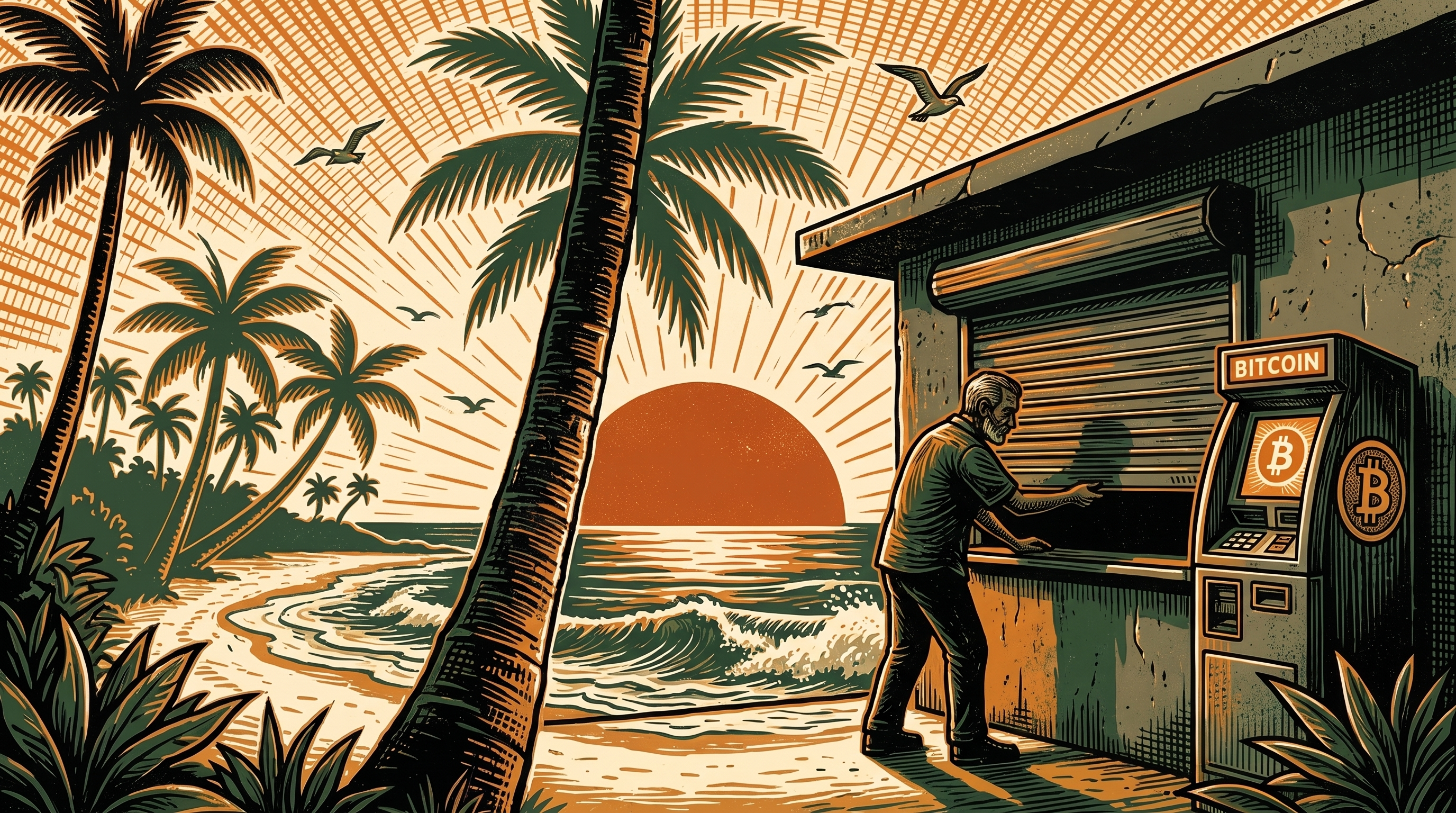 A shopkeeper closing a shutter beside an idle payment kiosk on an El Salvador beach at dusk, three-color linocut