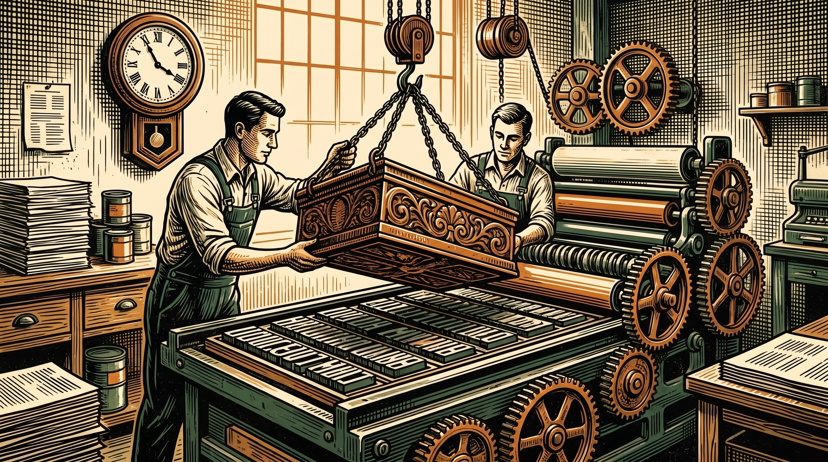 Engineers padlocking a heavy carved printing block over a wall of type, three-color linocut