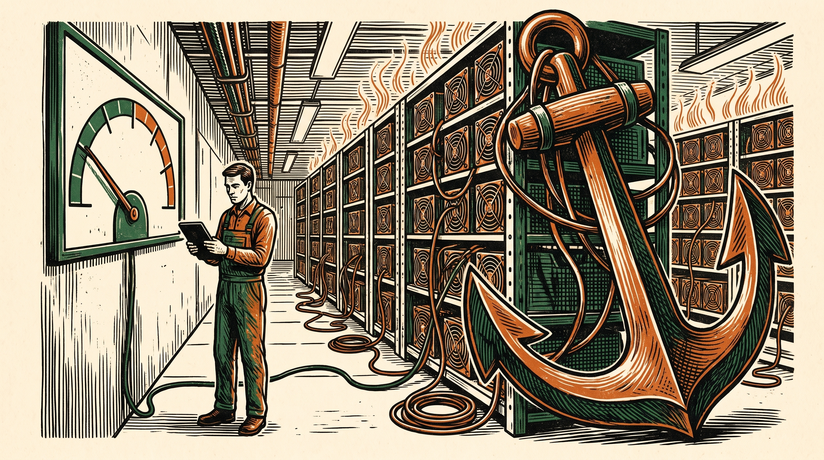 A technician studying a sagging gauge in an aisle of bitcoin mining machines, three-color linocut
