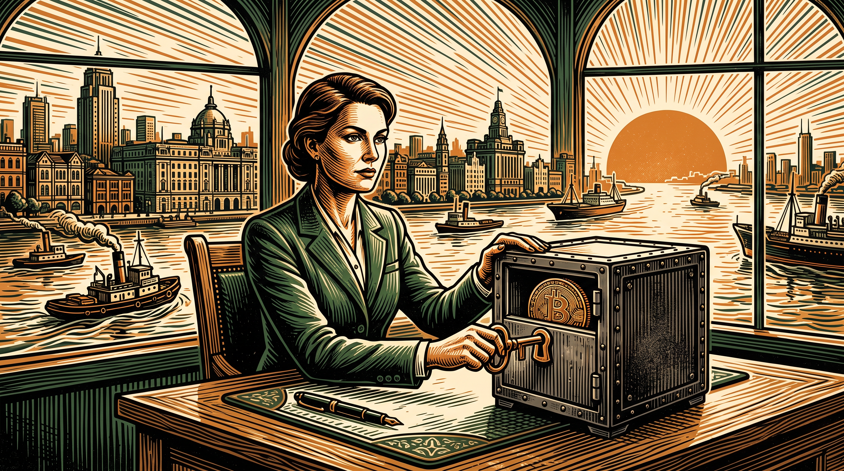A businesswoman locking a large coin in an iron strongbox before the Shanghai Bund skyline, three-color linocut