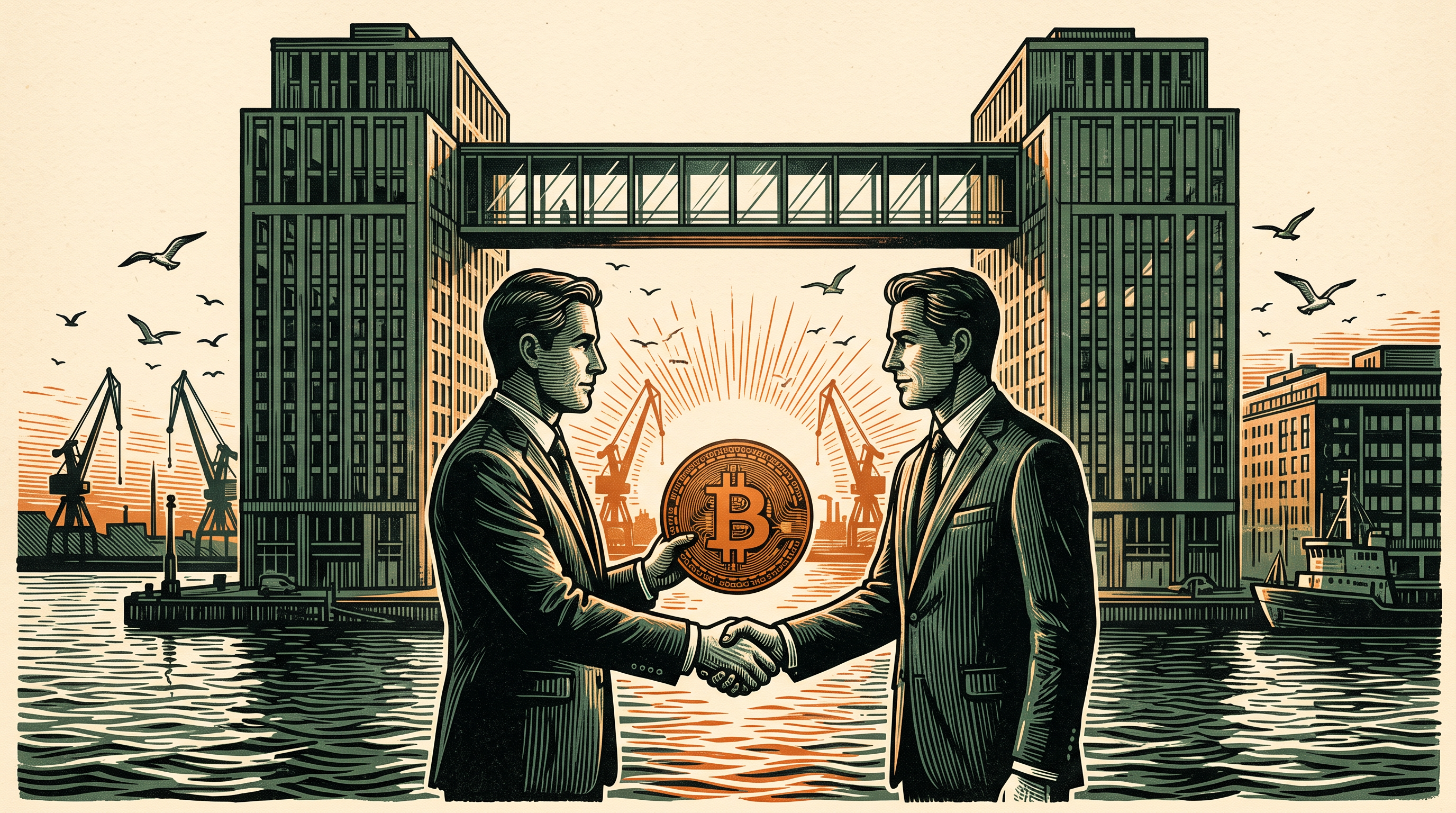 Two Nordic office towers joined over a bitcoin coin on a Stockholm waterfront, three-color linocut