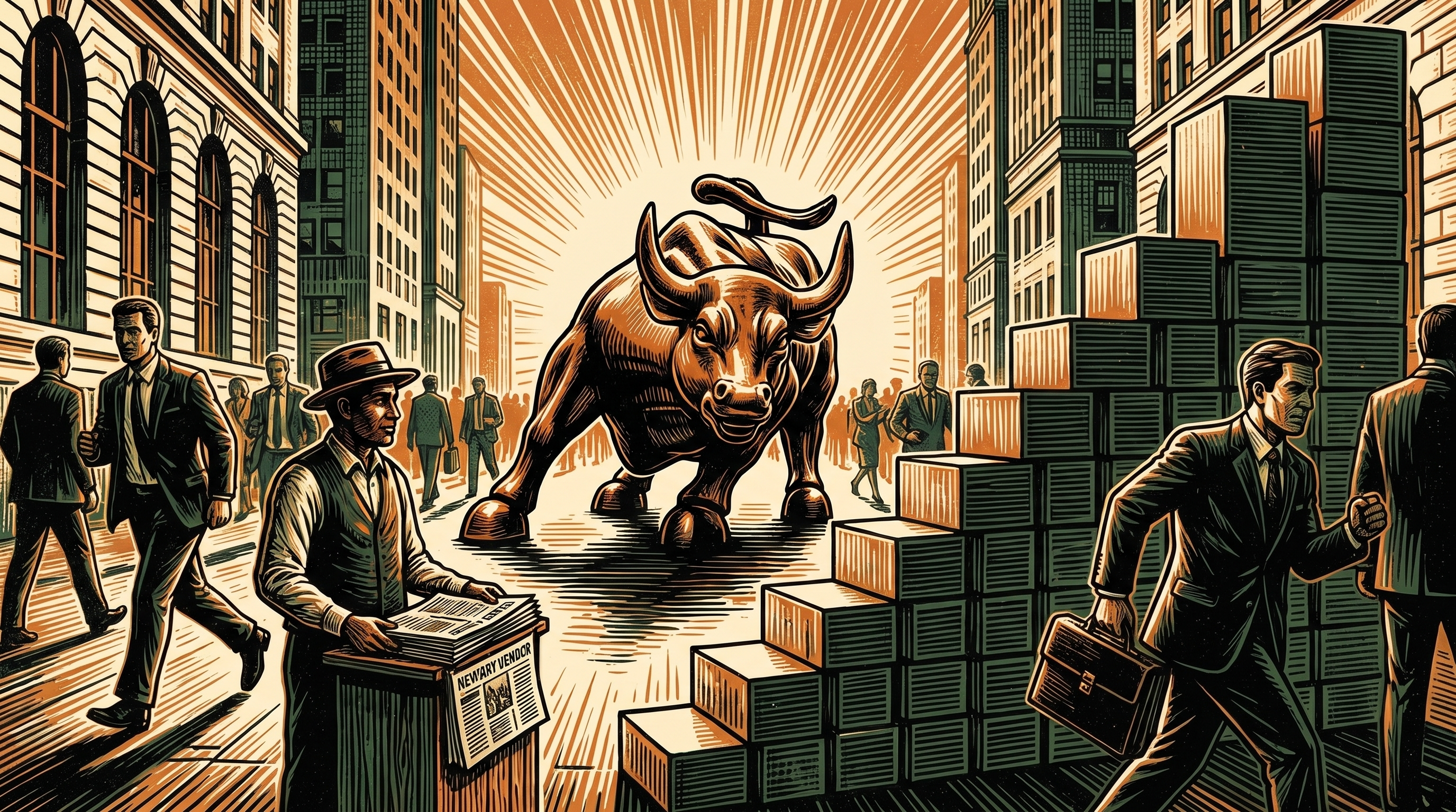 A charging bull statue in the financial district beneath a rising sunburst, three-color linocut