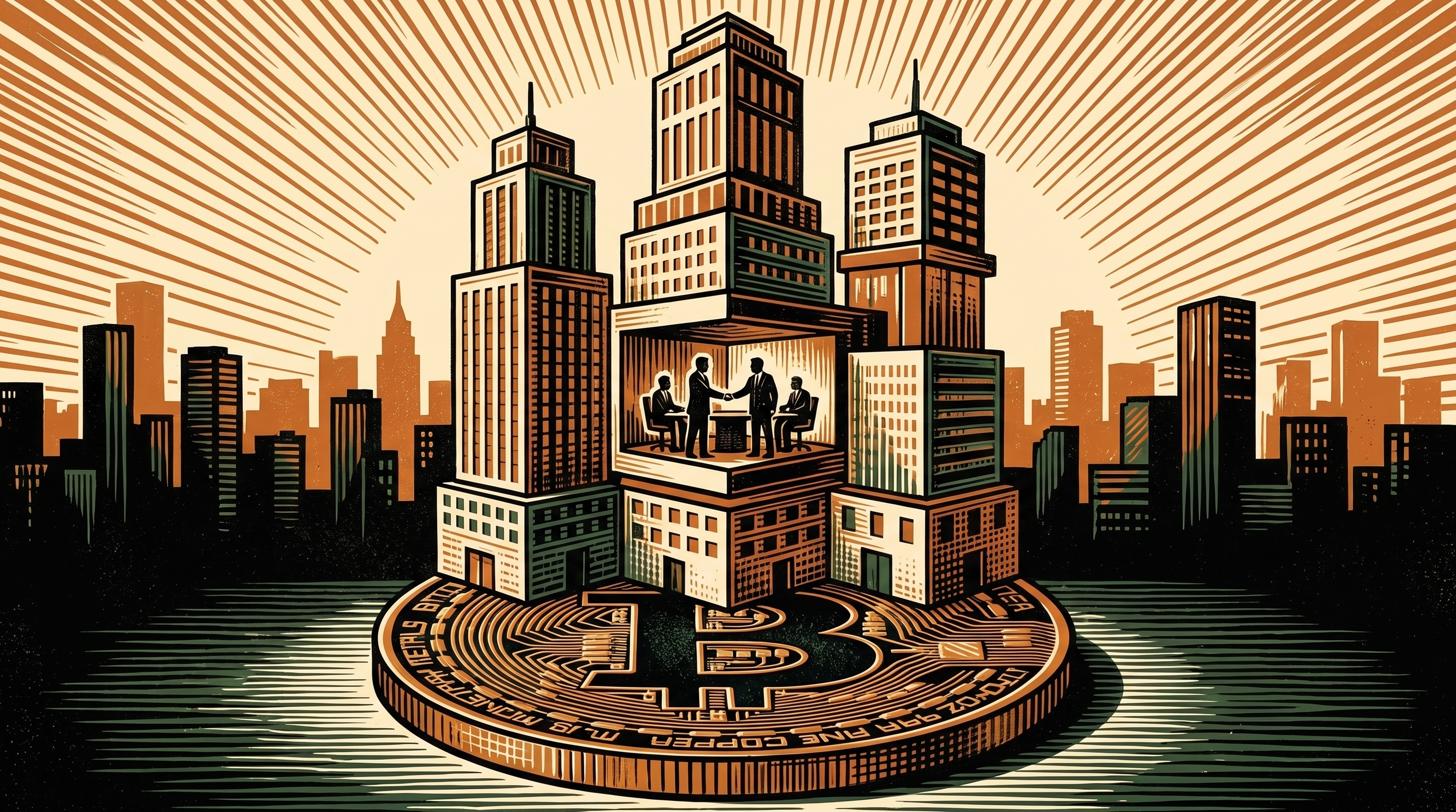 Corporate towers stacked like blocks on a giant bitcoin coin foundation, three-color linocut