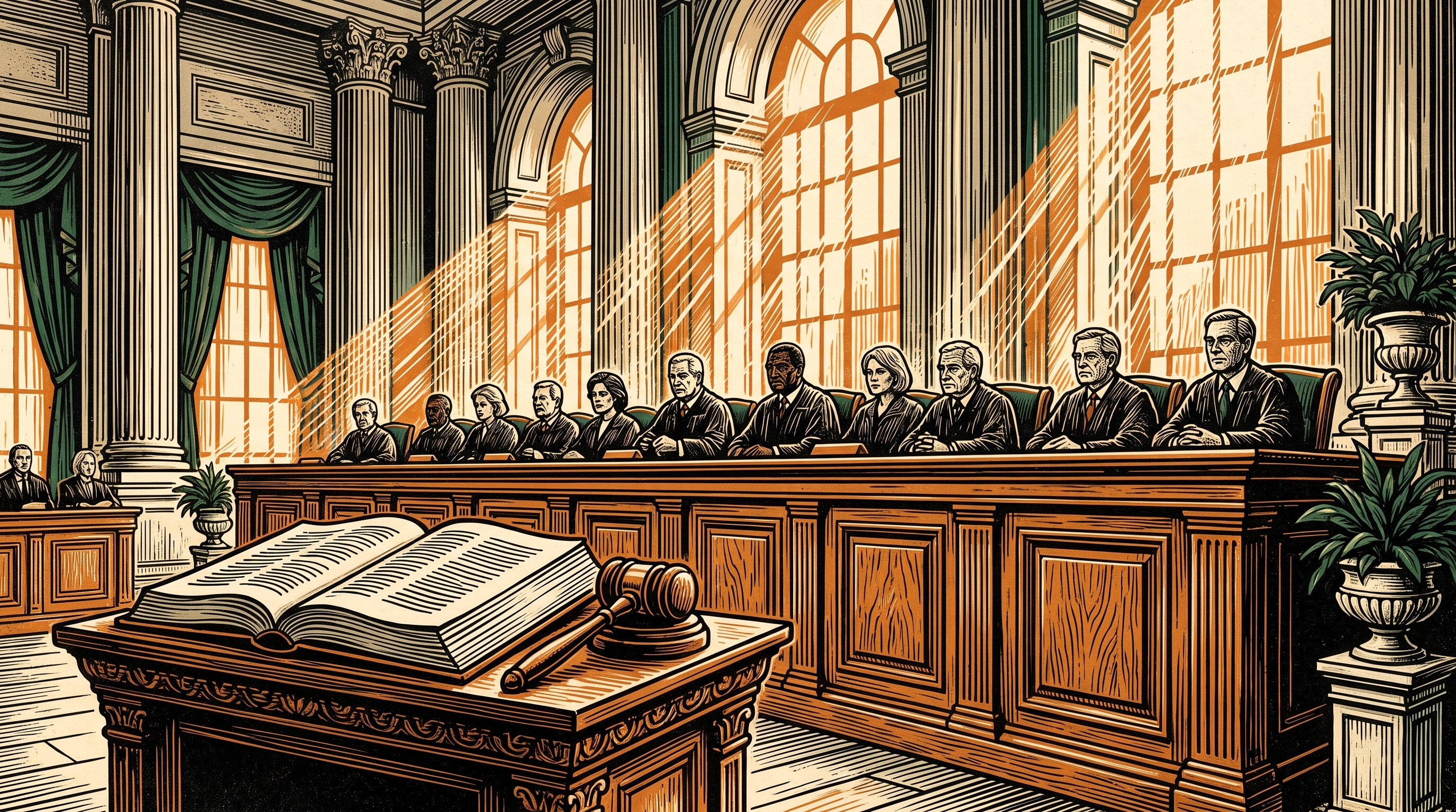 A regulatory hall with commissioners at a raised bench, rulebook and gavel, three-color linocut