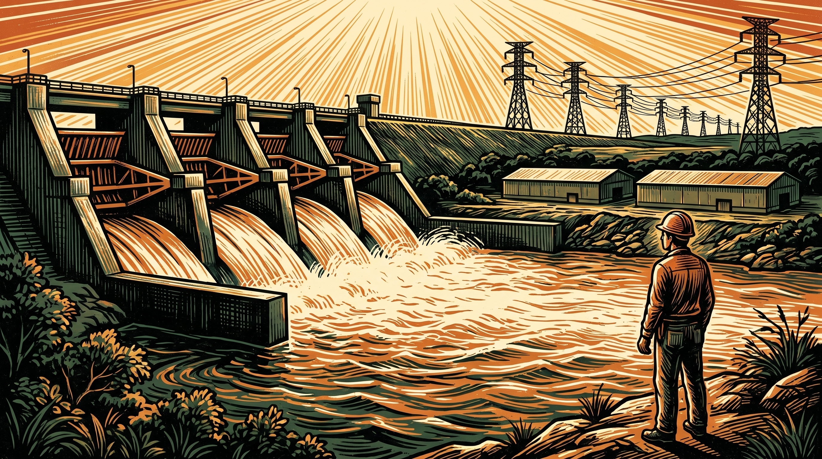 The Itaipu dam with transmission towers and mining warehouses, three-color linocut