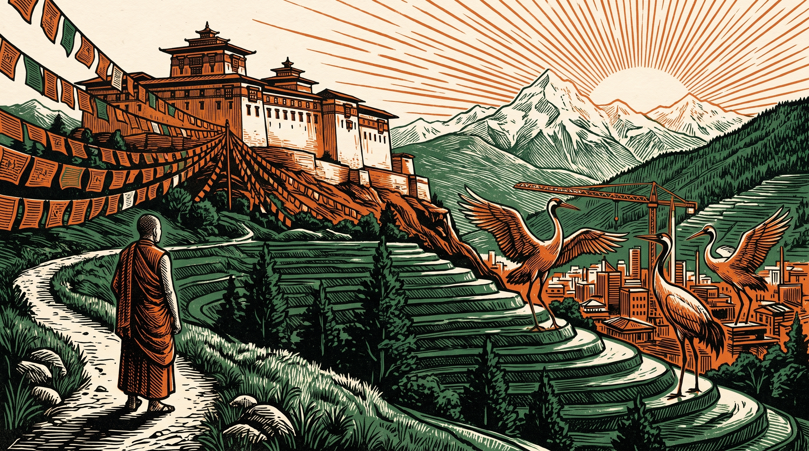 A Himalayan dzong above a valley with construction cranes raising a new city, three-color linocut