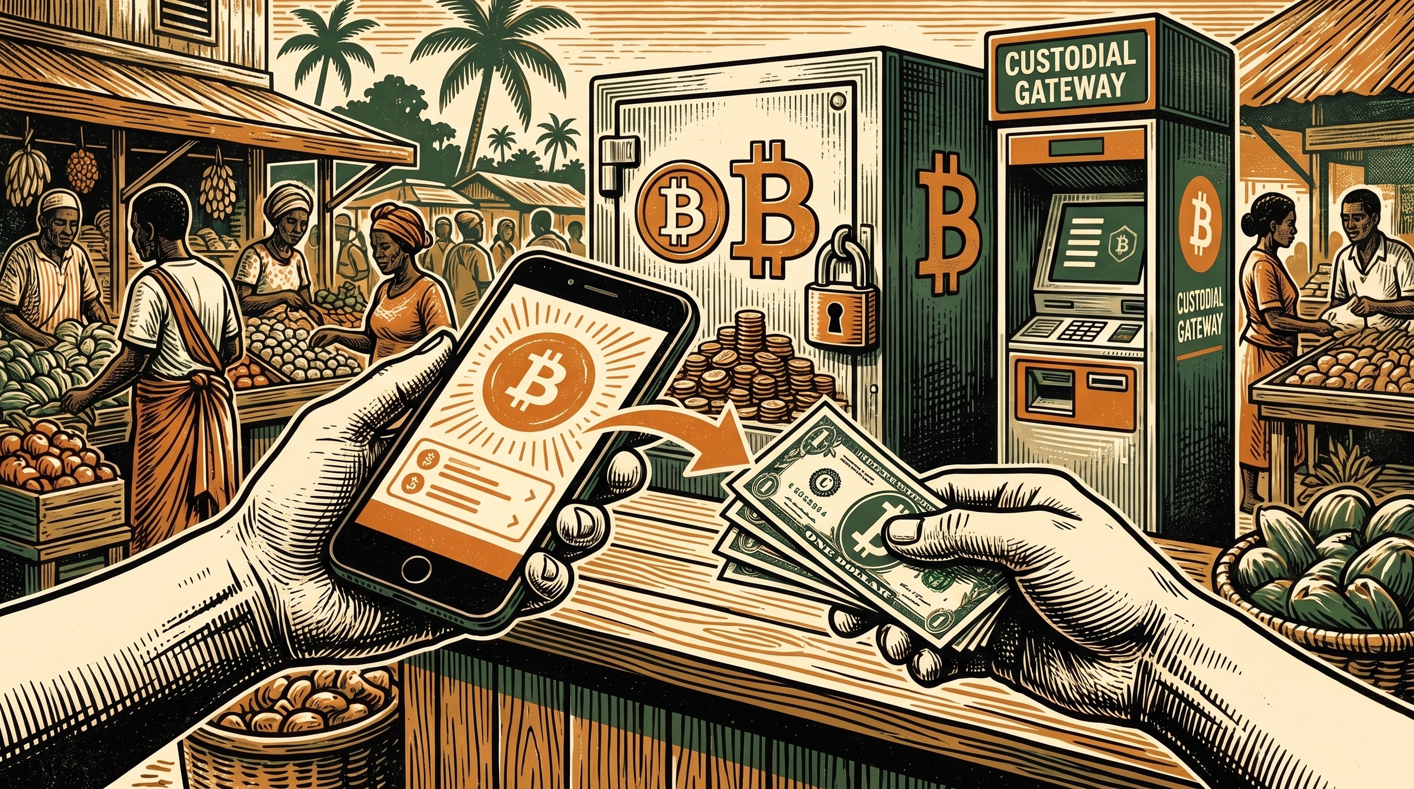 A market phone showing a bitcoin payment converting into banknotes at a custodial gateway, a locked vault behind, three-color linocut