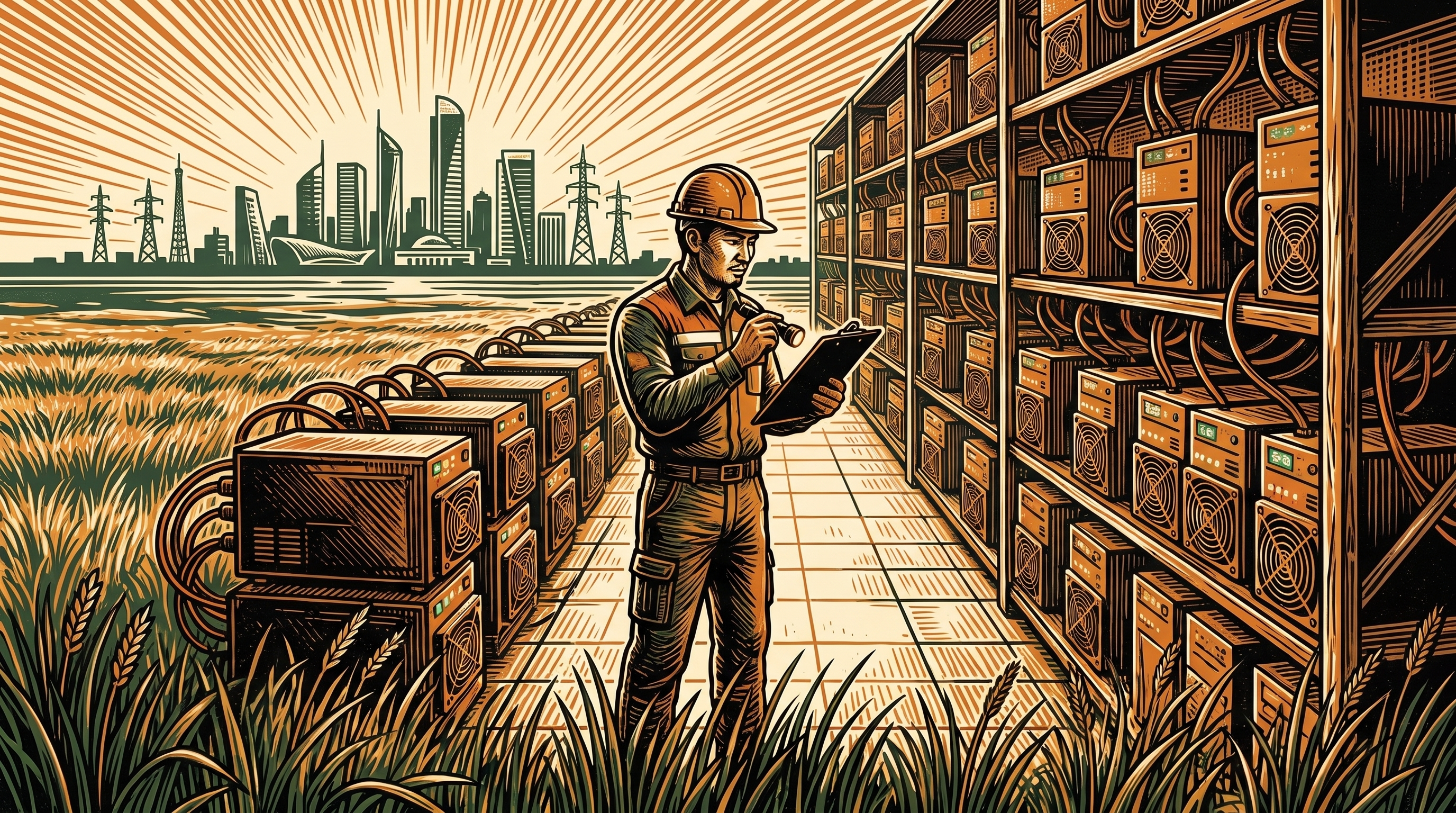 A Kazakh engineer inspecting rows of mining machines on the steppe below the Astana skyline, three-color linocut