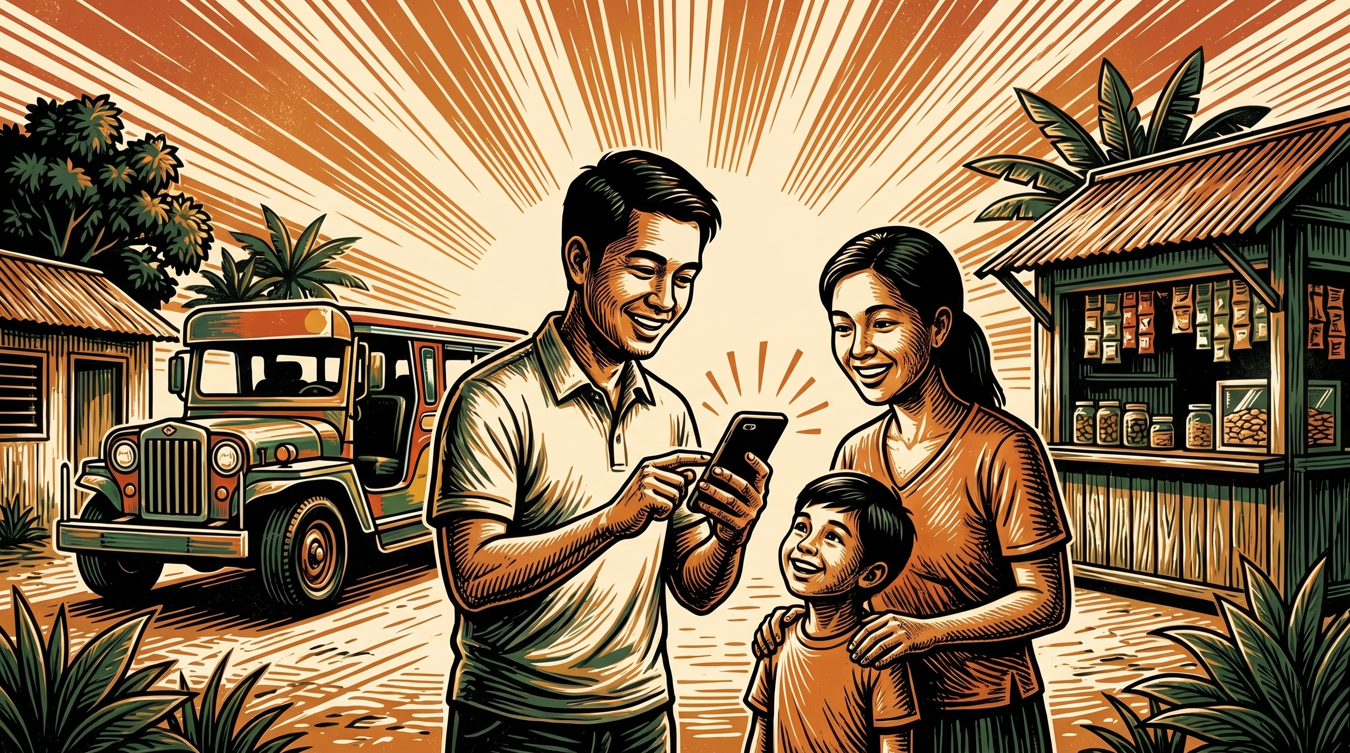 A Filipino family in a Manila neighborhood receiving money on a phone, jeepney and sari-sari store behind, three-color linocut