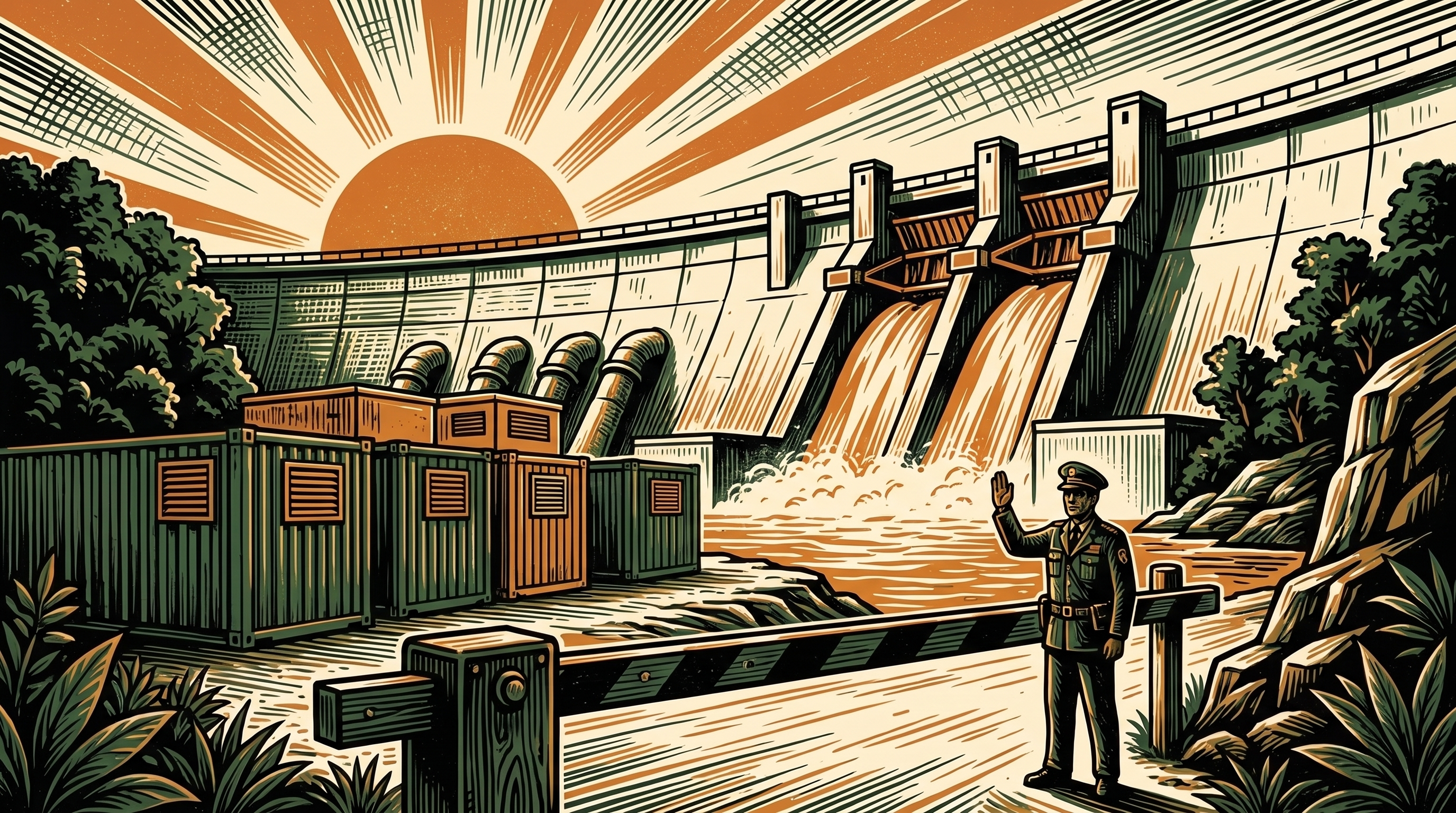 A large Ethiopian hydroelectric dam beside container mines with a lowered barrier gate, three-color linocut