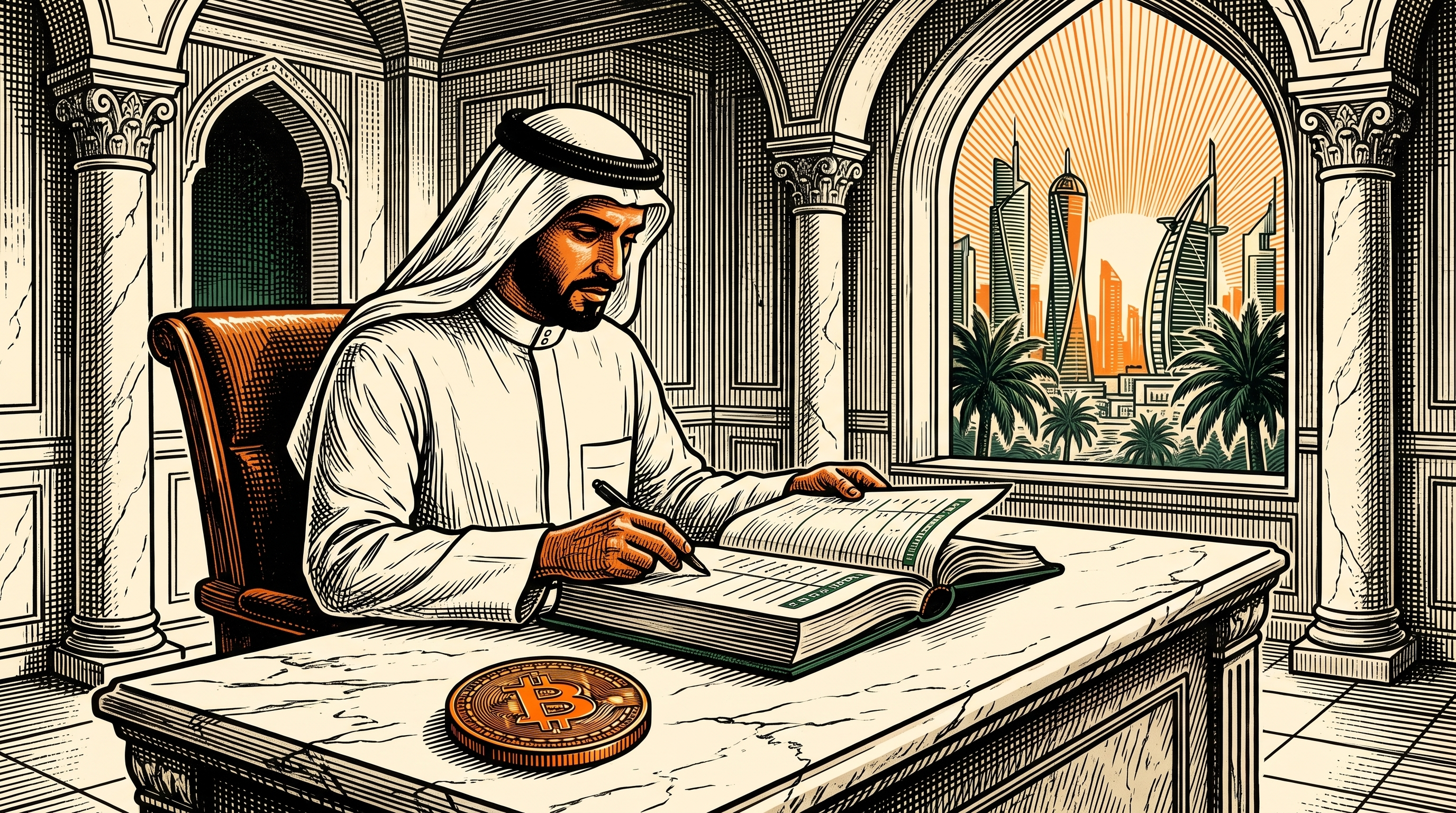 A Gulf banker studying a ledger in a marble hall with skyscrapers and date palms beyond, three-color linocut