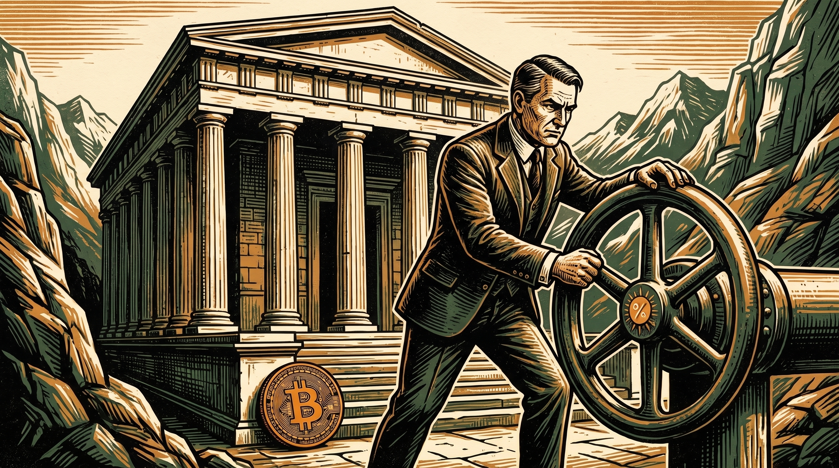 A central banker tightening a giant valve marked two percent before a bank temple, a bitcoin coin in shadow, linocut