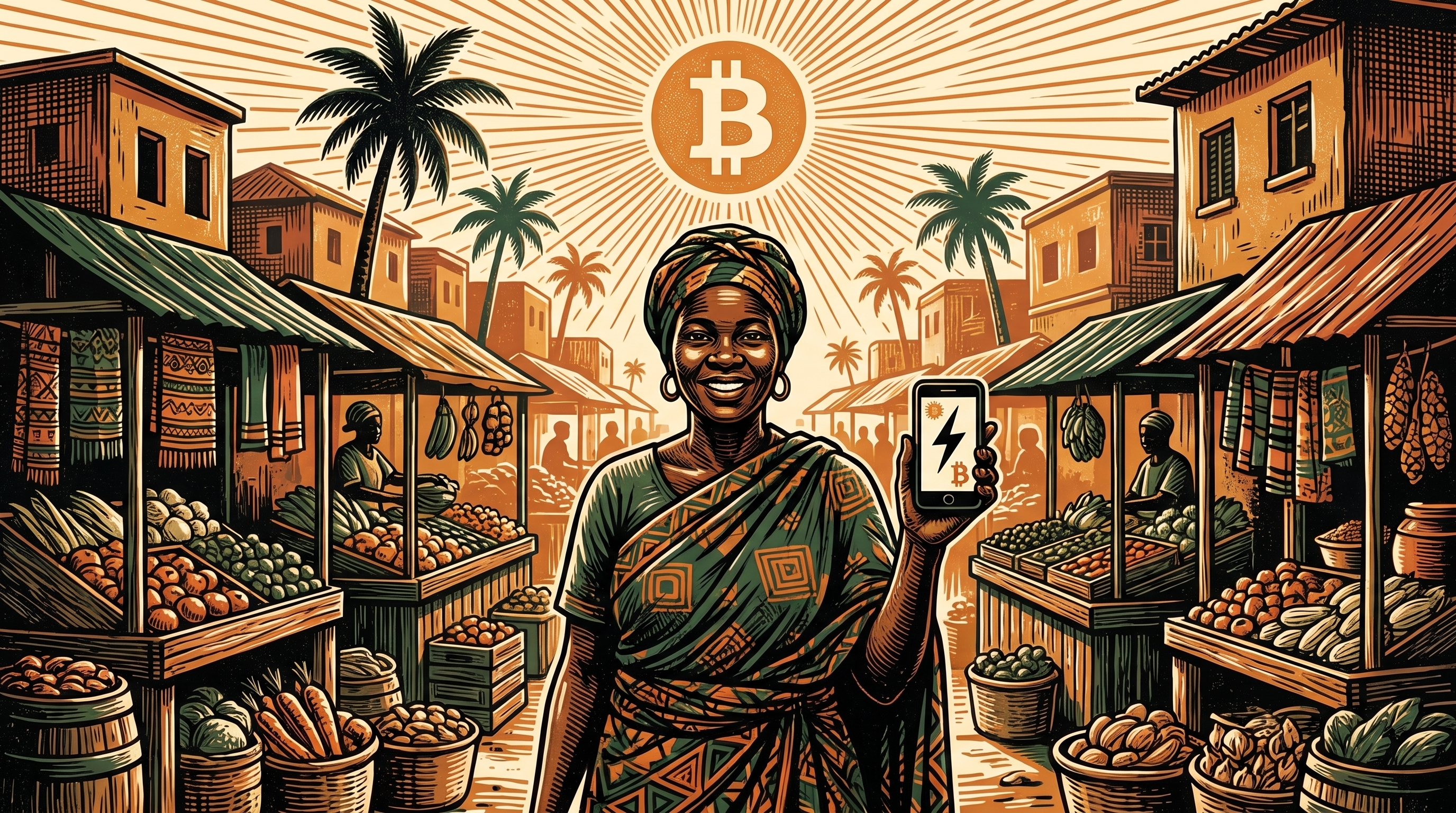 A Zambian market vendor holding a phone showing a lightning bitcoin payment among market stalls, linocut