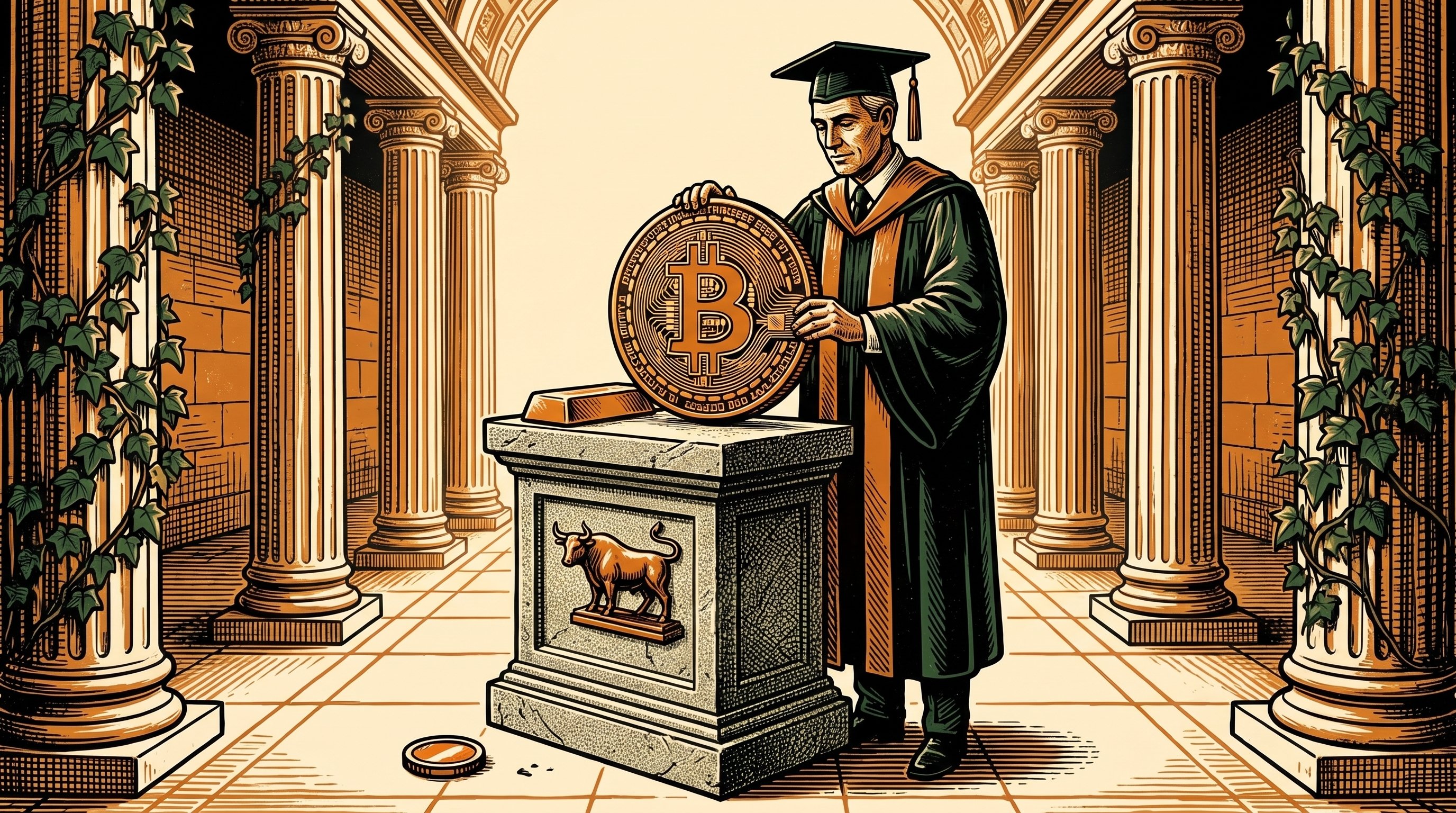 A university scholar holding a bitcoin coin over a plinth beside a gold bar and bronze bull, linocut