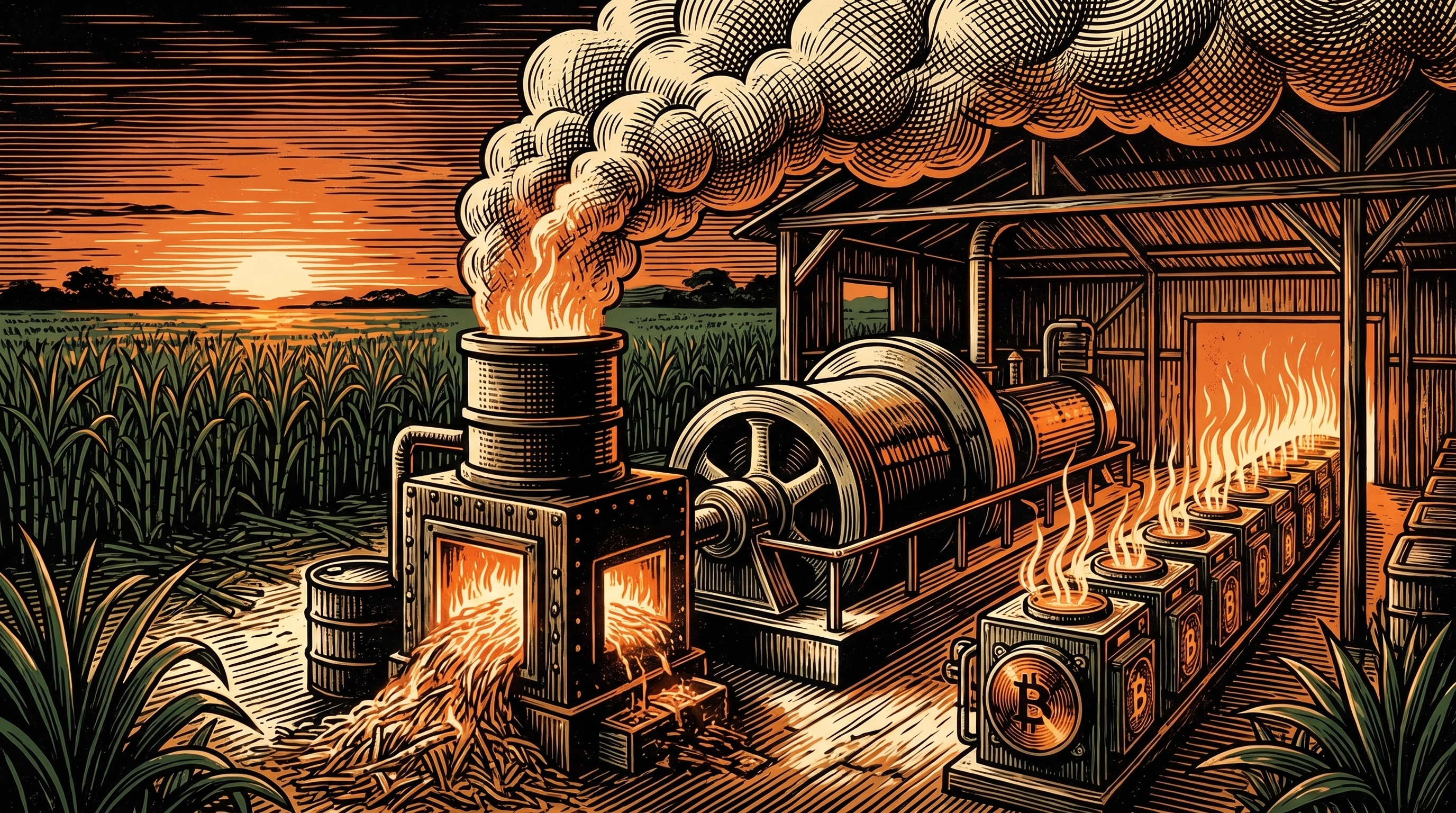 A Brazilian sugarcane mill at dusk with a bagasse furnace powering rows of bitcoin miners, cane fields, linocut