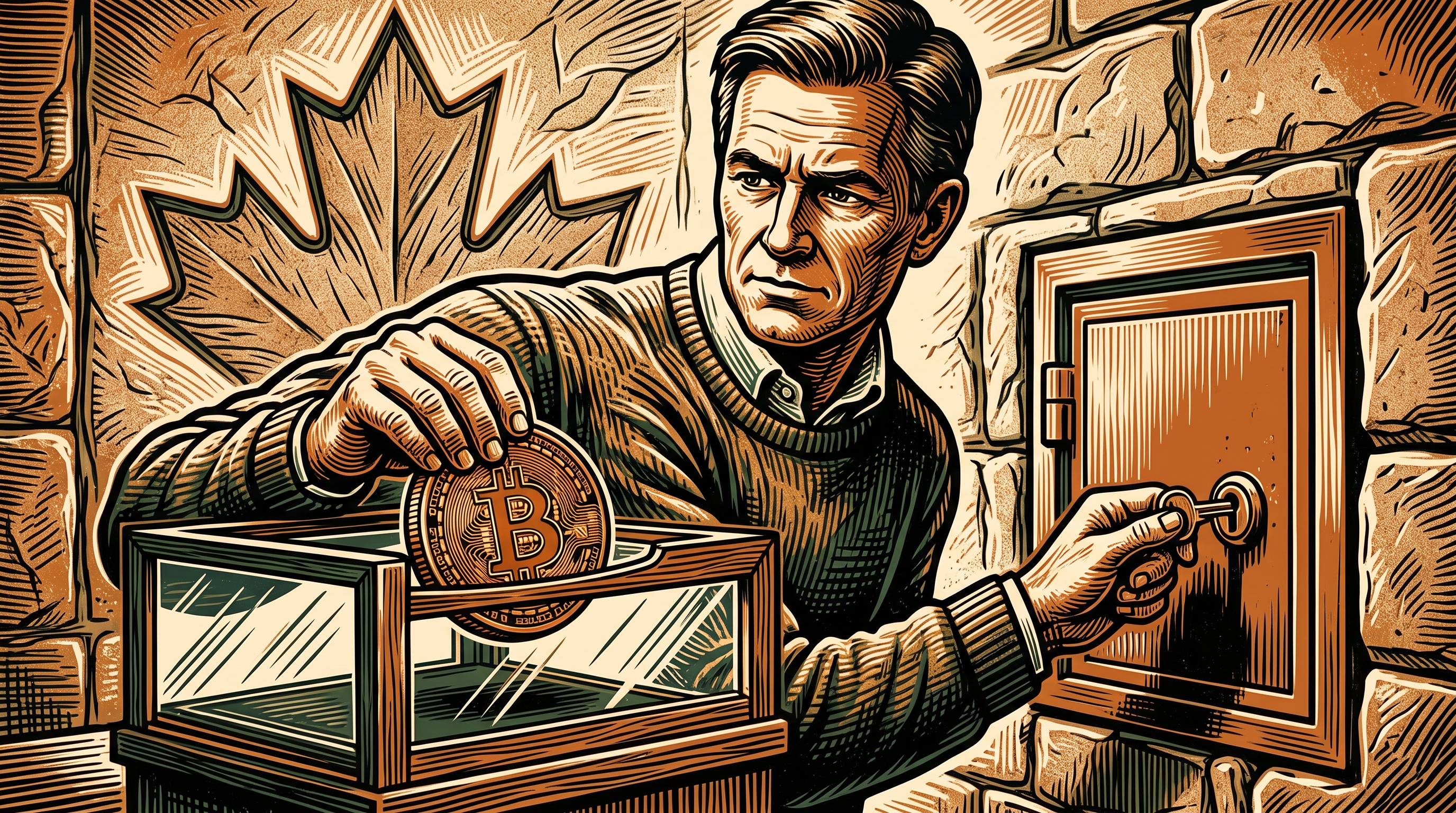 An investor taking a bitcoin coin from a glass case and locking it in a steel vault, maple-leaf wall, linocut