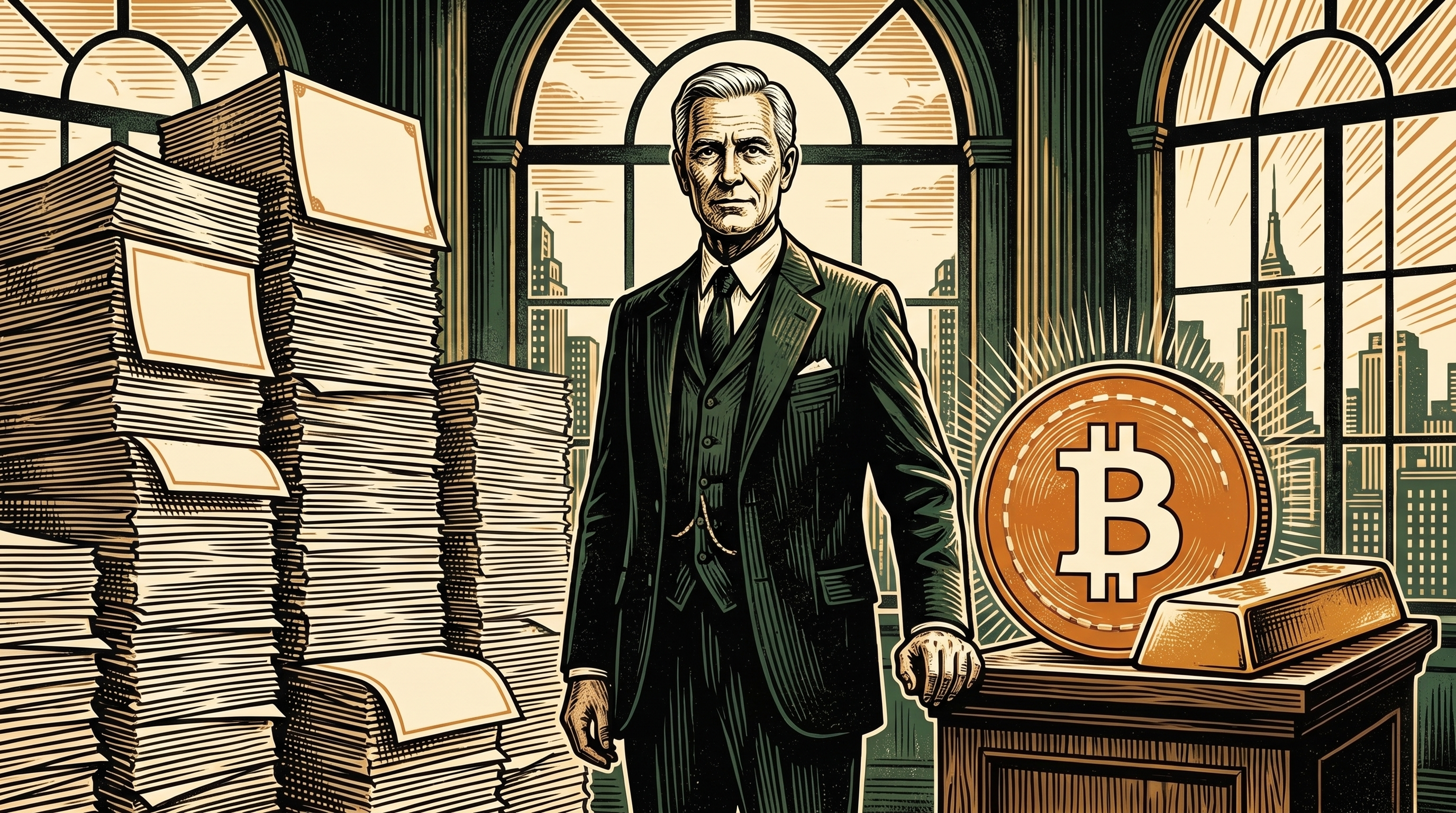 A financier between towering stacks of blank bonds and a glowing bitcoin coin with a gold bar, linocut
